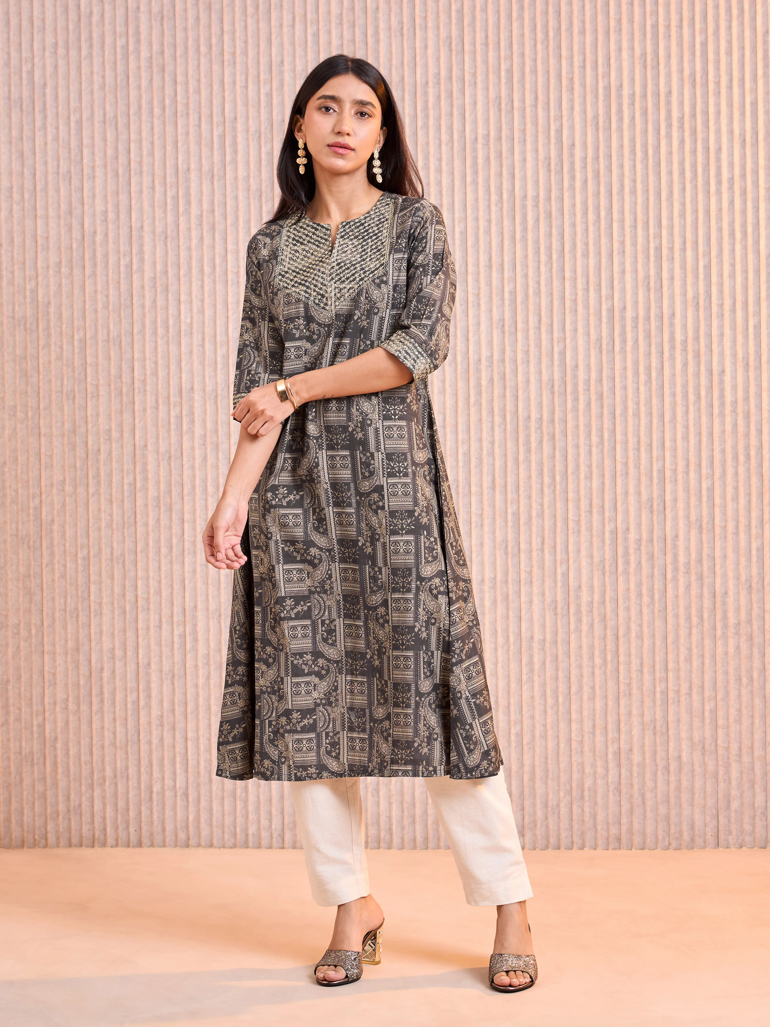 Dark Grey Modal Chanderi Printed Kurti With Cording Embroidery