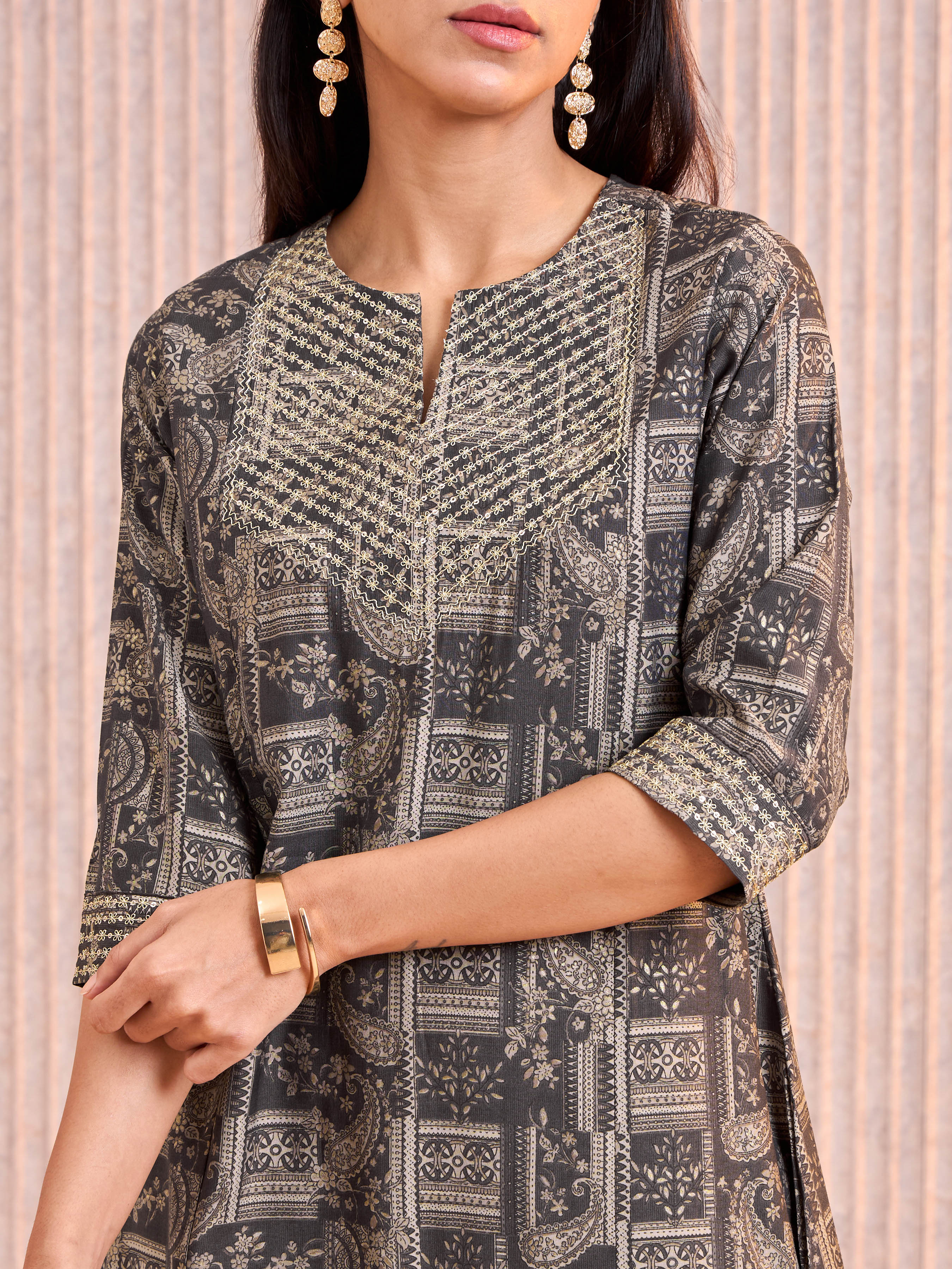 Dark Grey Modal Chanderi Printed Kurti With Cording Embroidery - Image 2