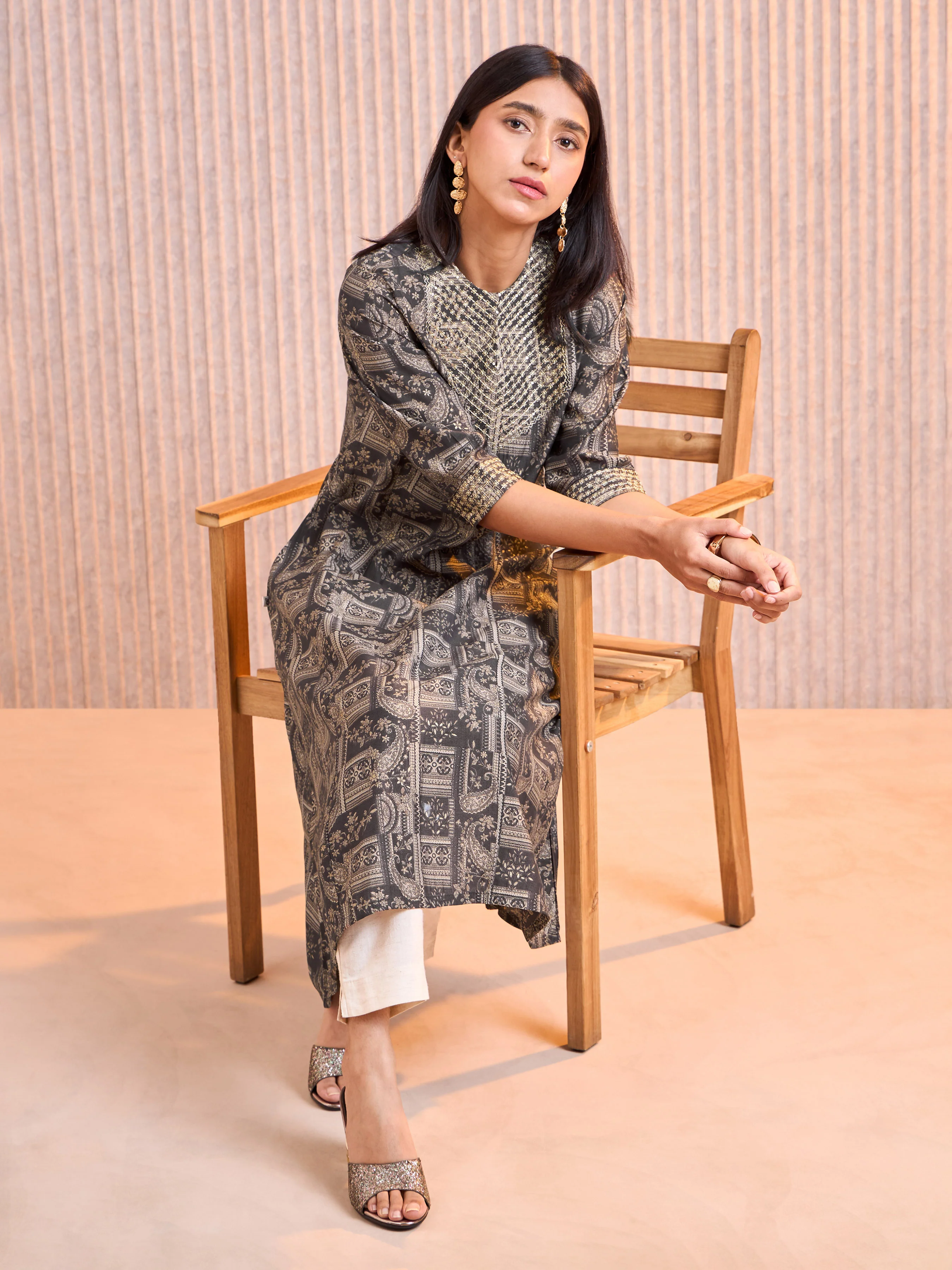 Dark Grey Modal Chanderi Printed Kurti With Cording Embroidery - Image 3