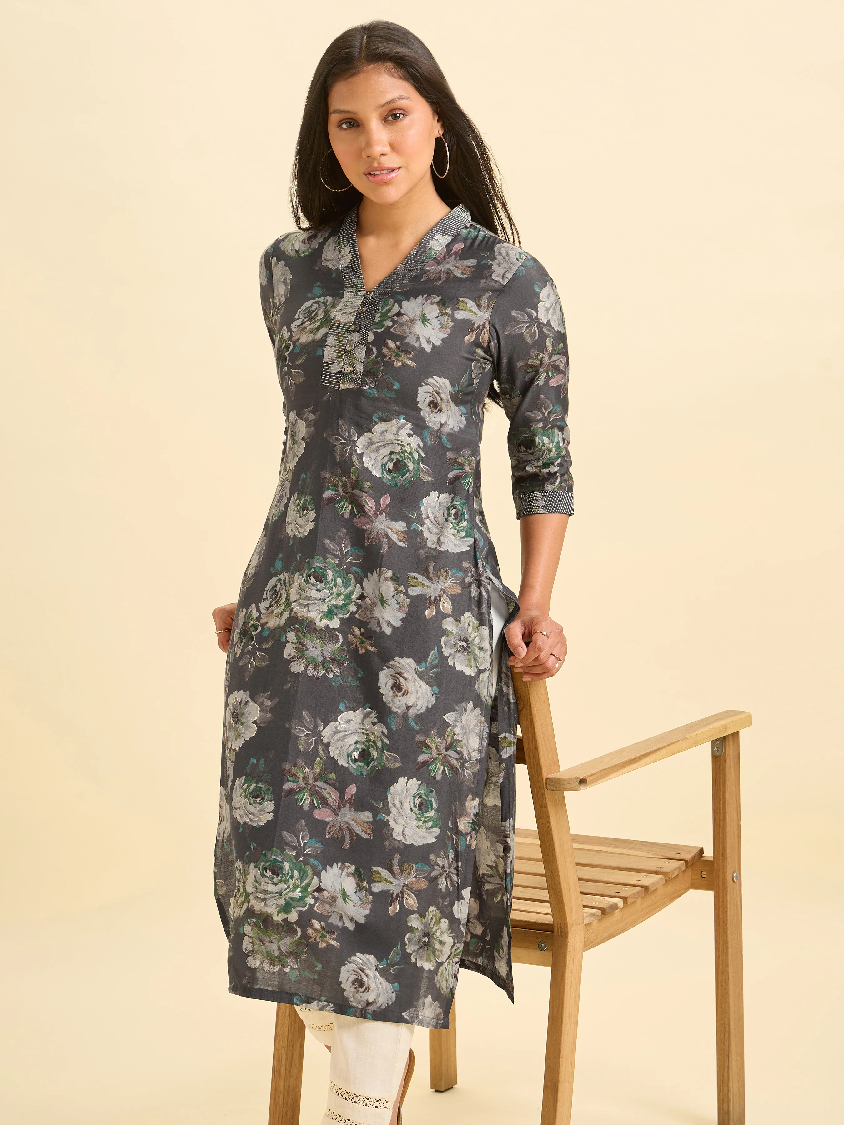 Dark Grey Modal Chanderi Printed Slited Kurti With Embroidery - Image 2