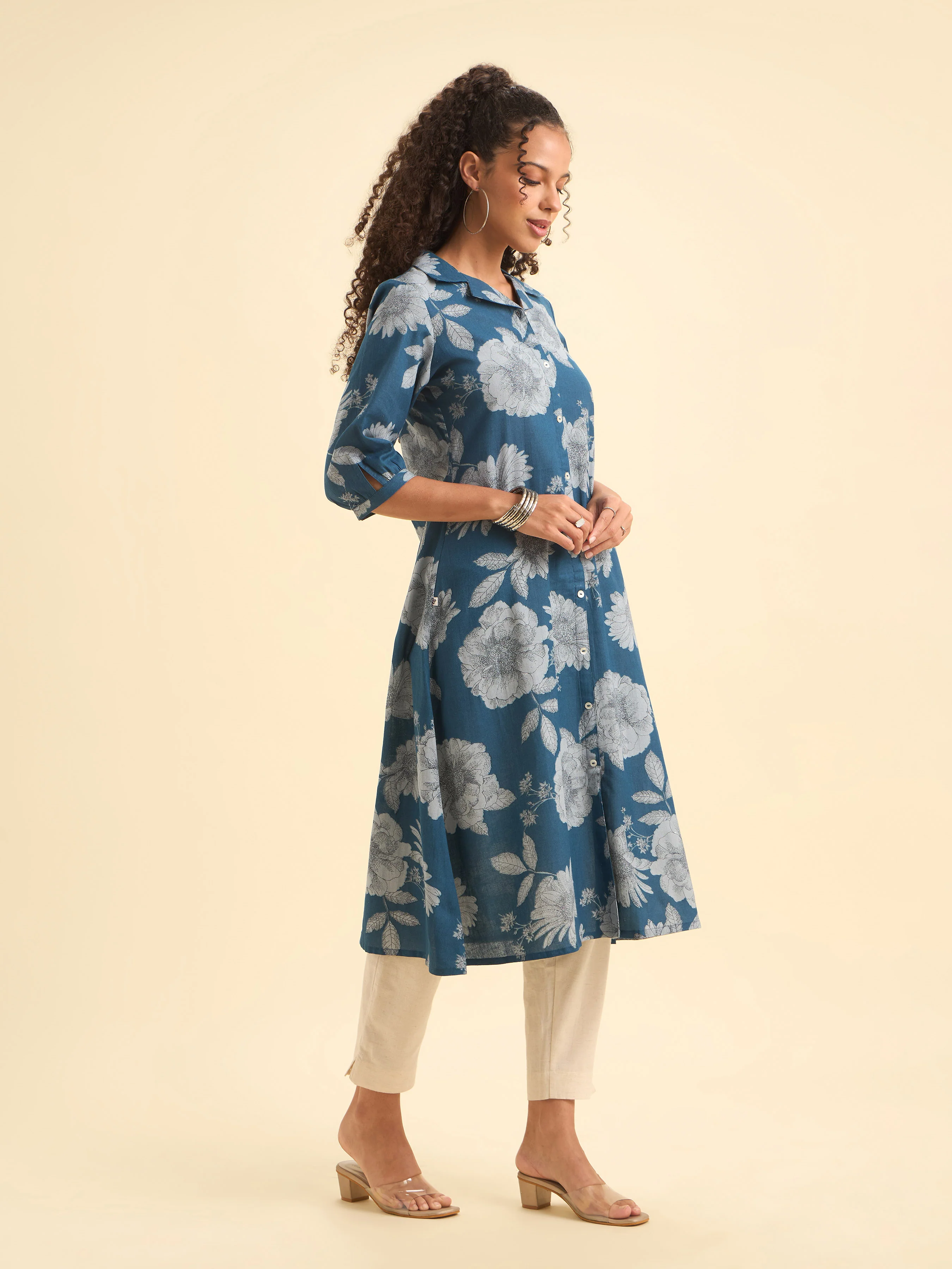 Denim Blue Cotton Flax Printed Kurti With Box Pleat Running Stitch Embroidery - Image 4