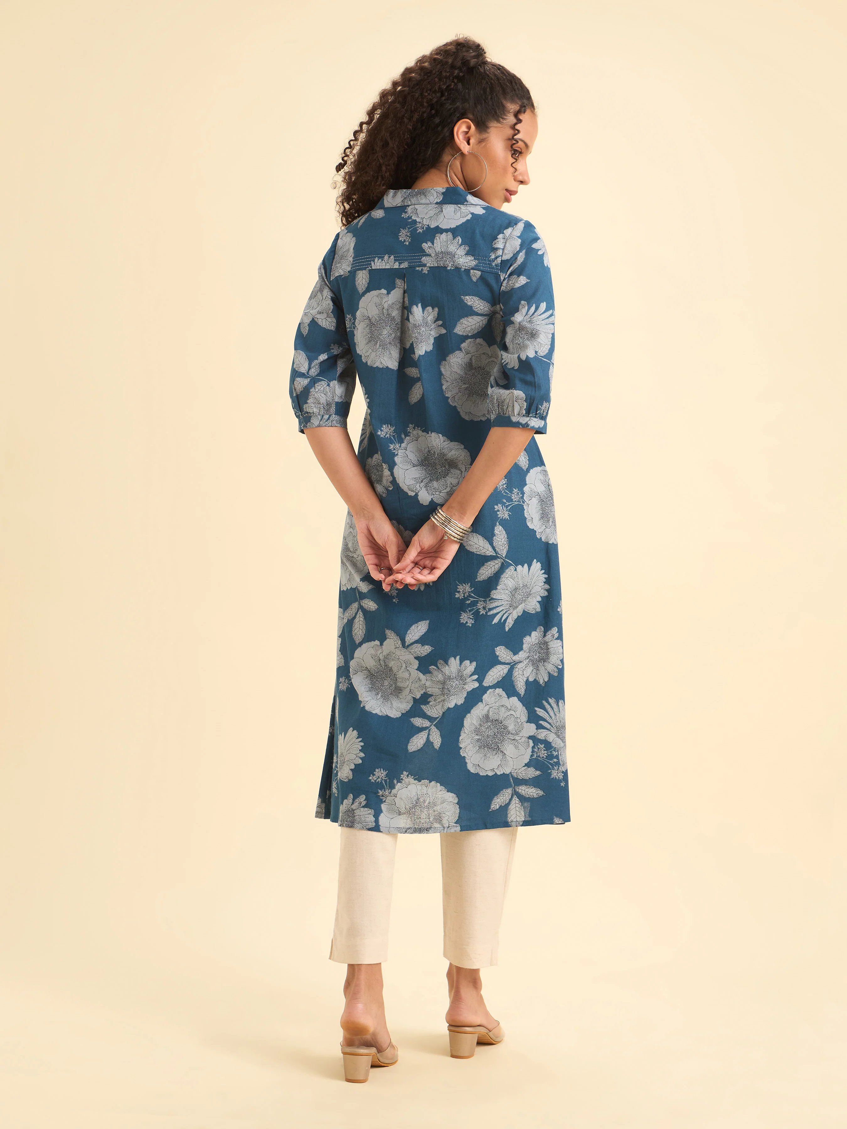 Denim Blue Cotton Flax Printed Kurti With Box Pleat Running Stitch Embroidery - Image 6