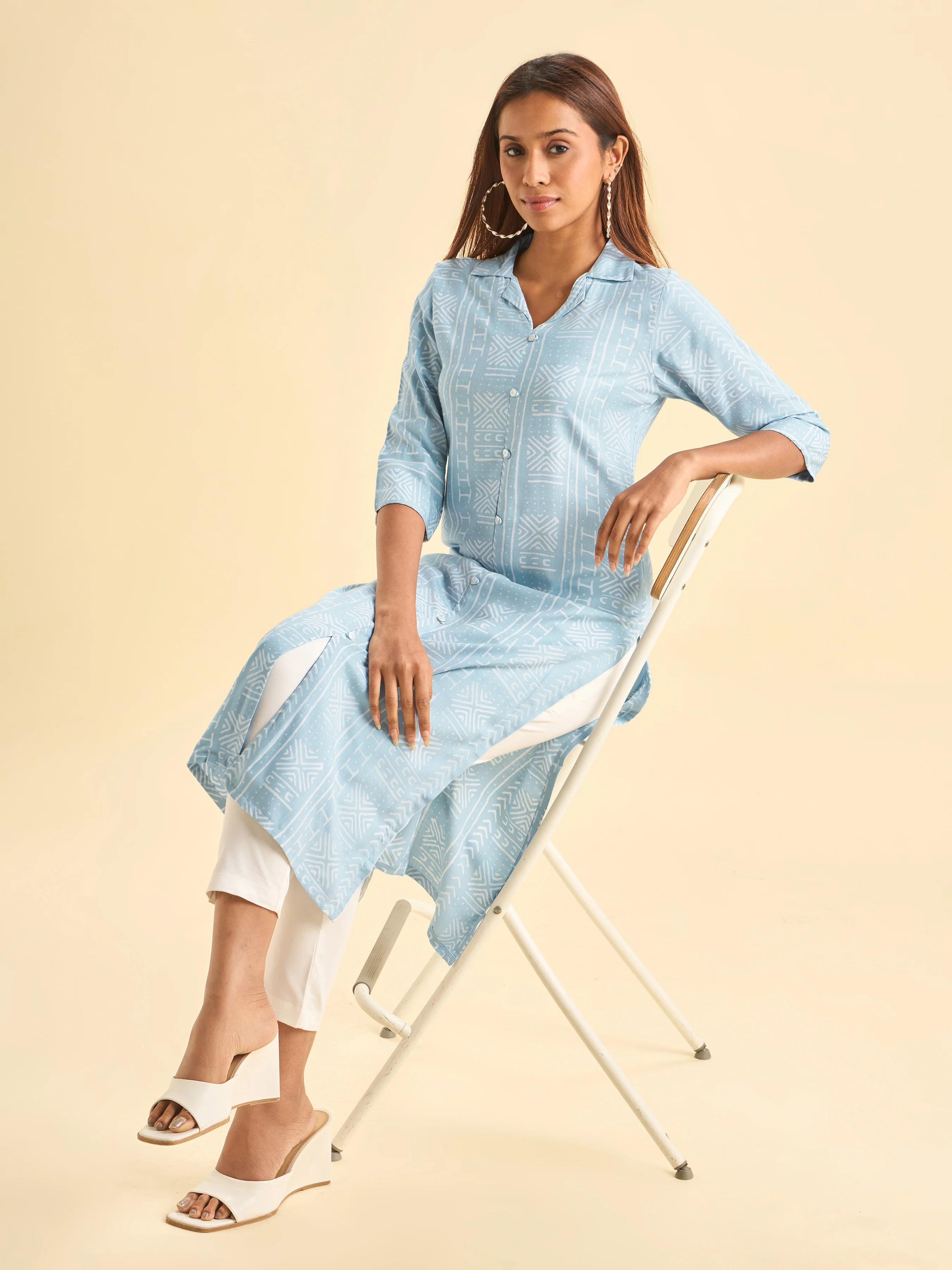 Denim Blue Ivory Tencel Printed Kurti - Image 4