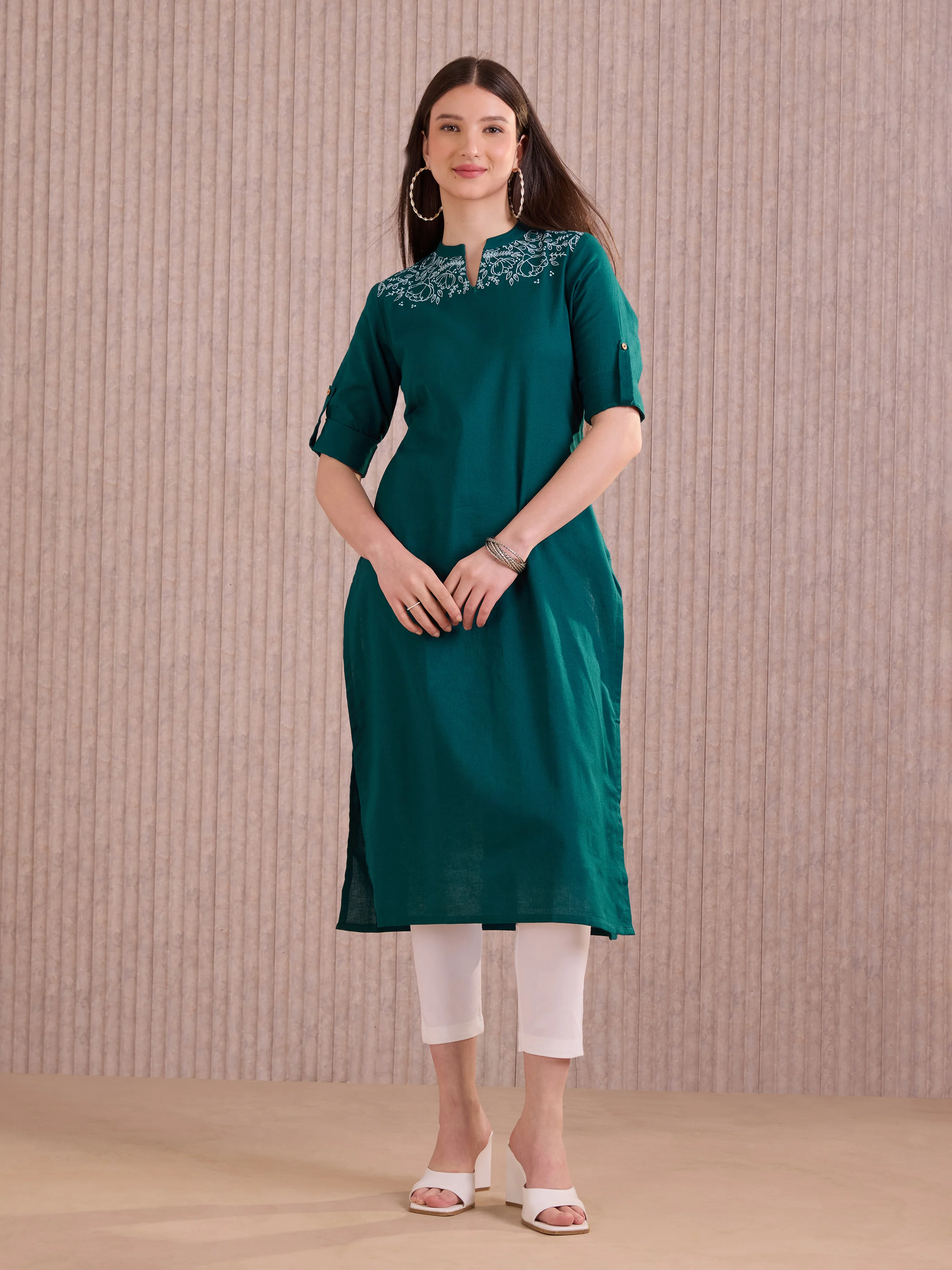Firosi Blue Cotton Flax Plain Kurti With Embroidery - Image 4