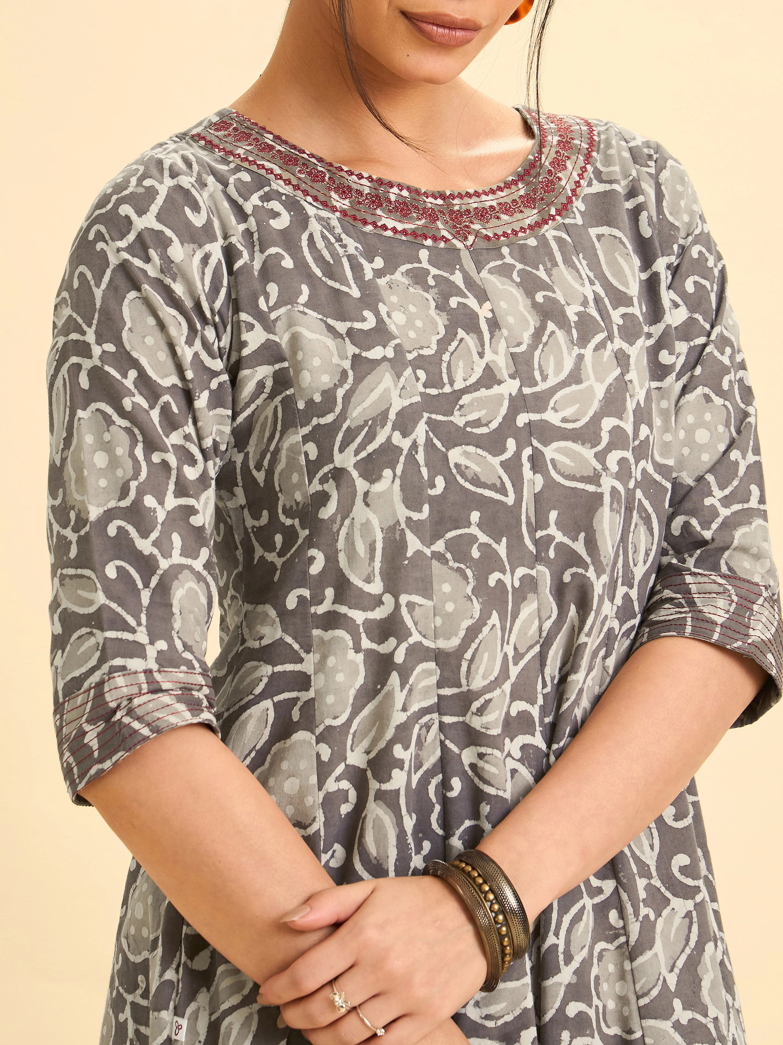 Gray And Ivory Pure Cotton Printed Flared Kalicut kurti With Embroidery And Sequins Work - Image 2