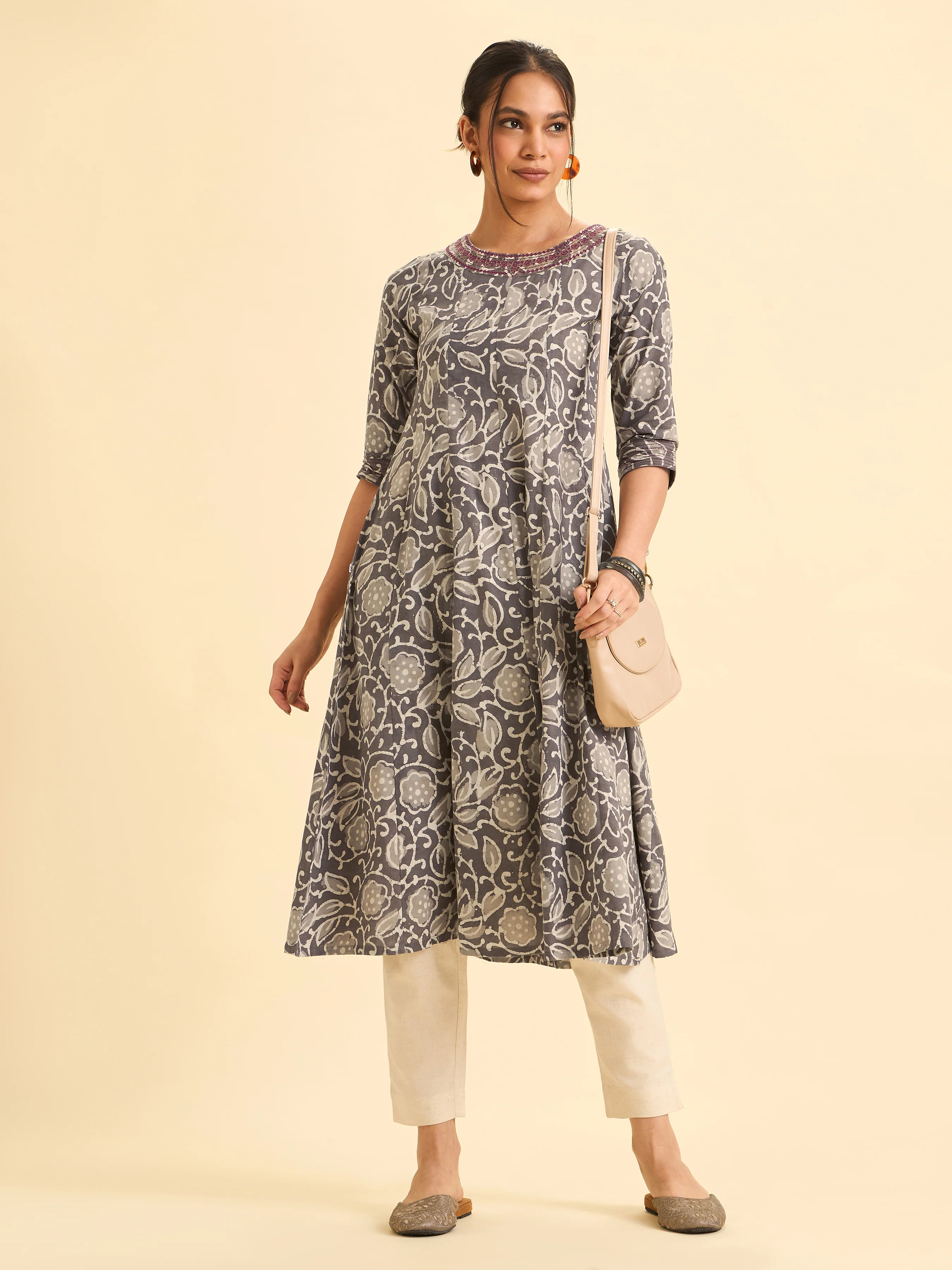 Gray And Ivory Pure Cotton Printed Flared Kalicut kurti With Embroidery And Sequins Work - Image 3