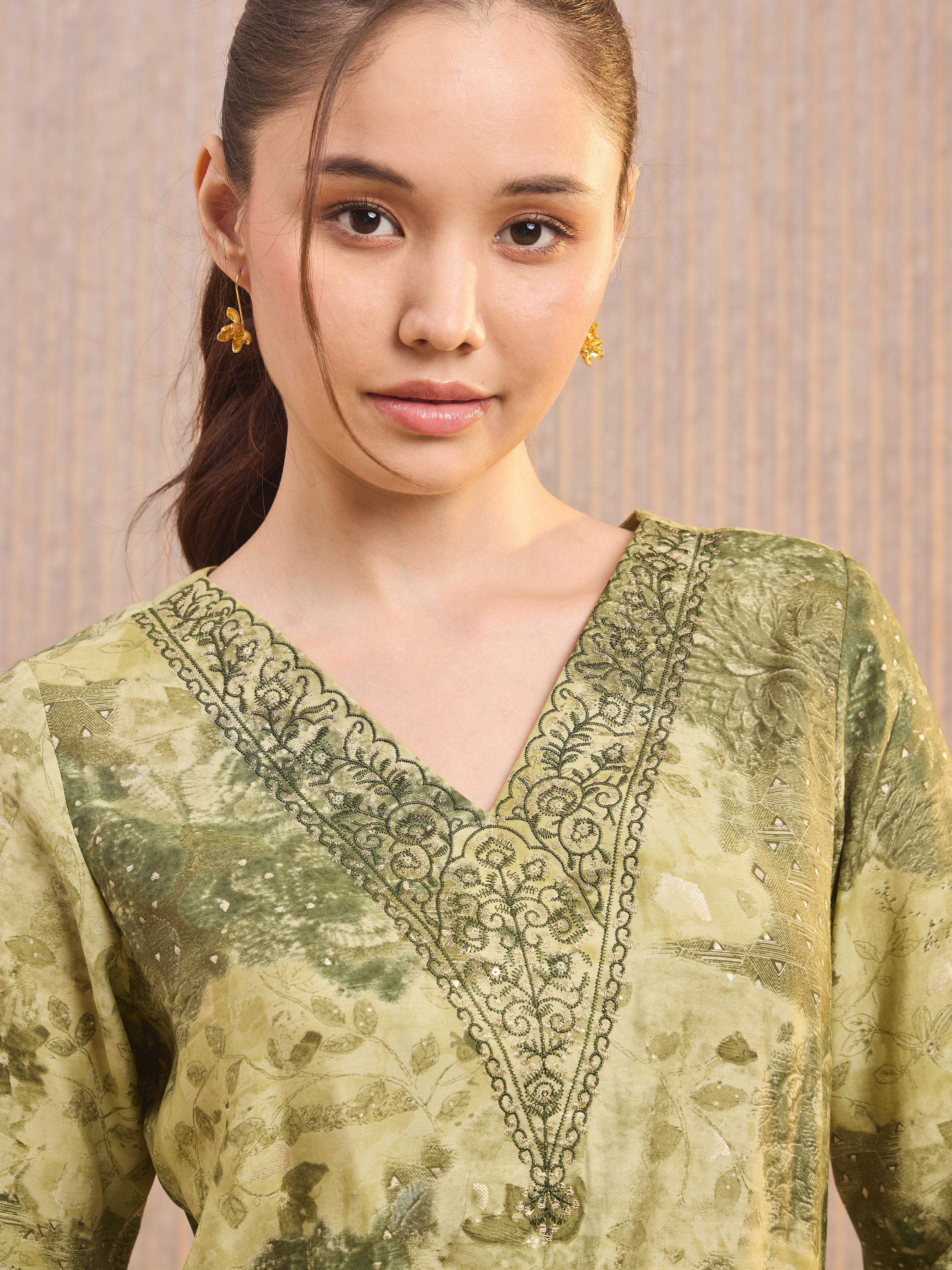 Green Modal Chanderi Foil Printed Kurti With Sequins Work - Image 2