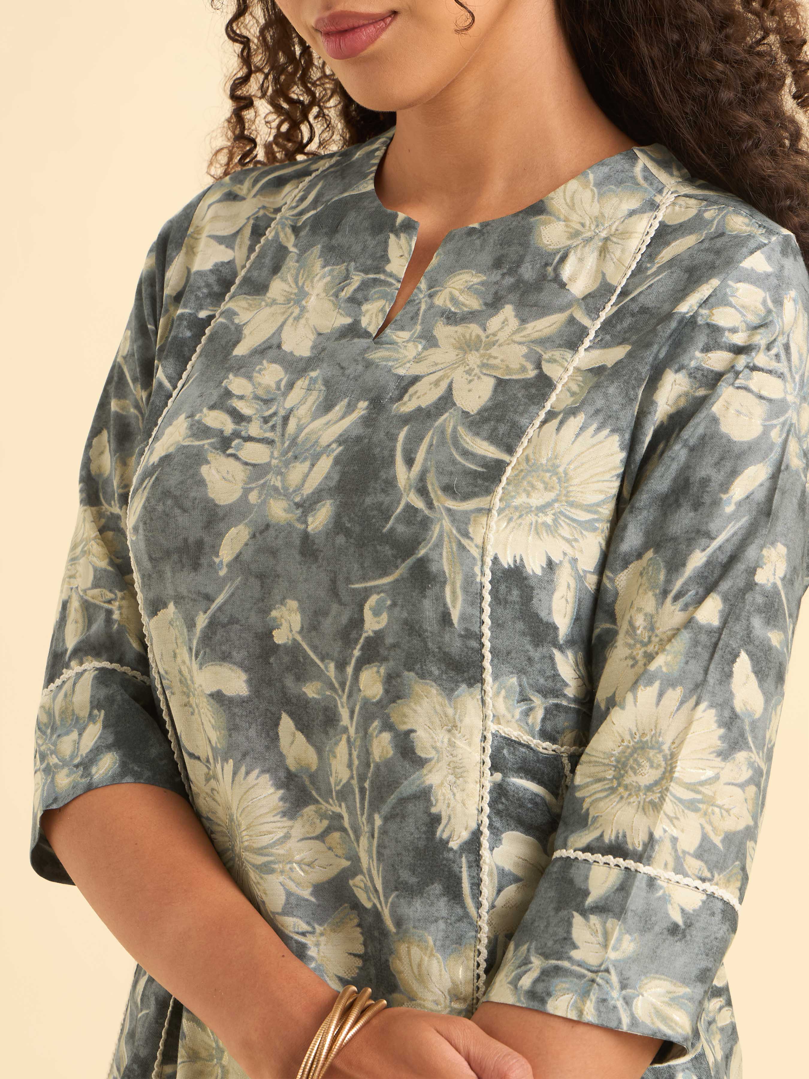 Grey Multi Colour Modal Chanderi Kurti With Lace - Image 2