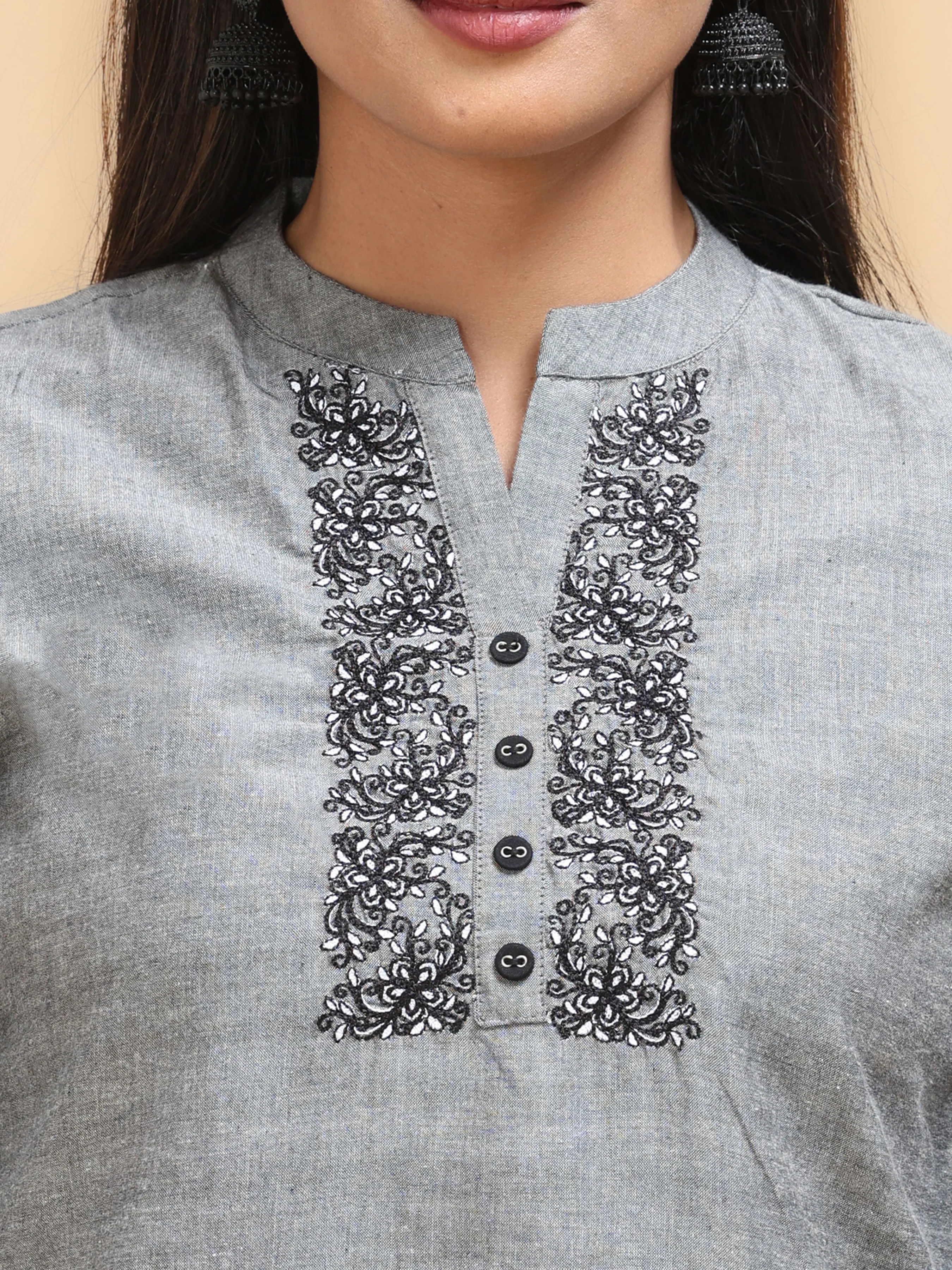 Grey Pure Cotton Kurti With Embroidery - Image 2
