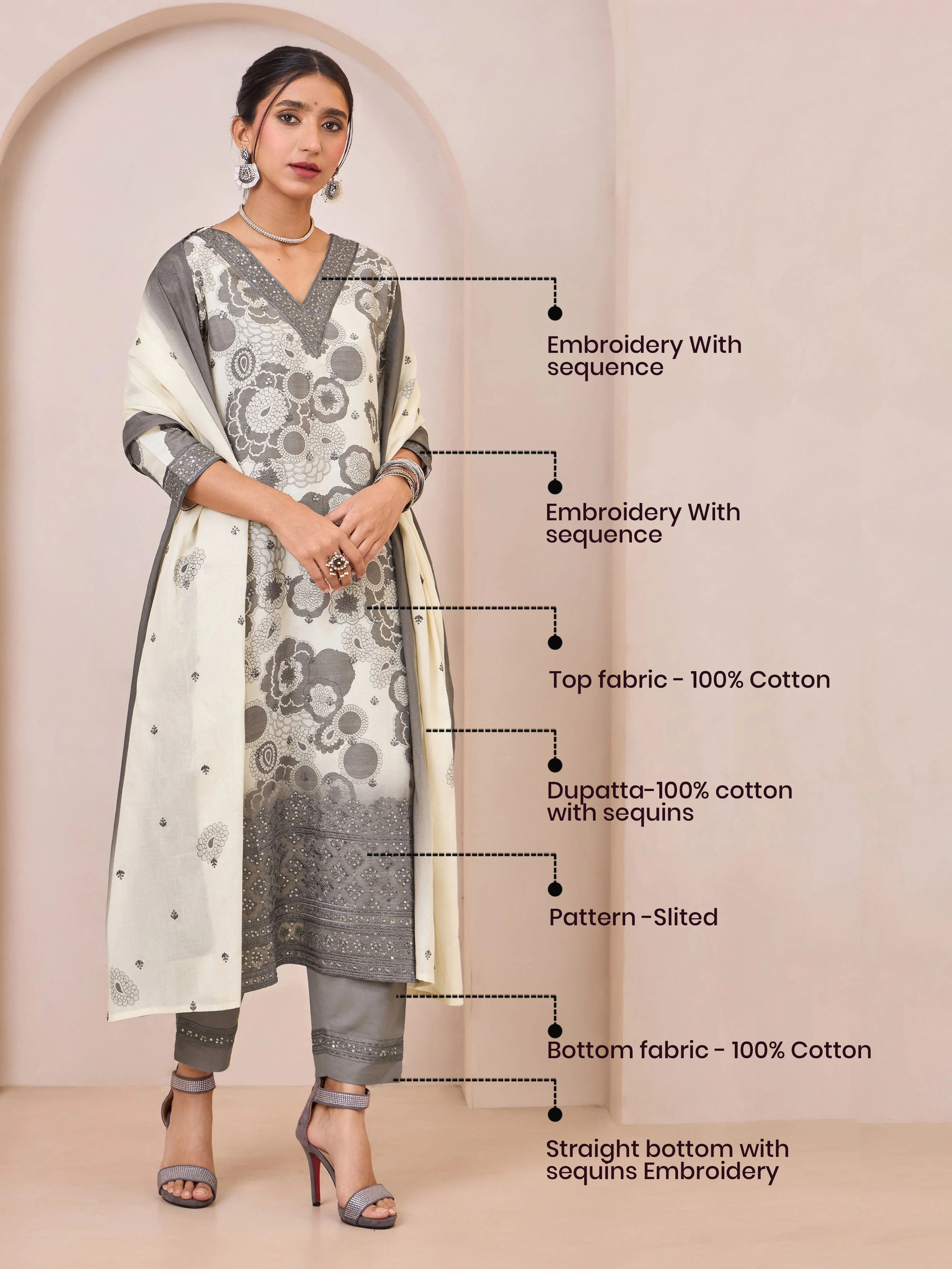 Grey Pure Cotton Floral Printed Kurti Set & Dupatta With Sequins Embroidery - Image 7