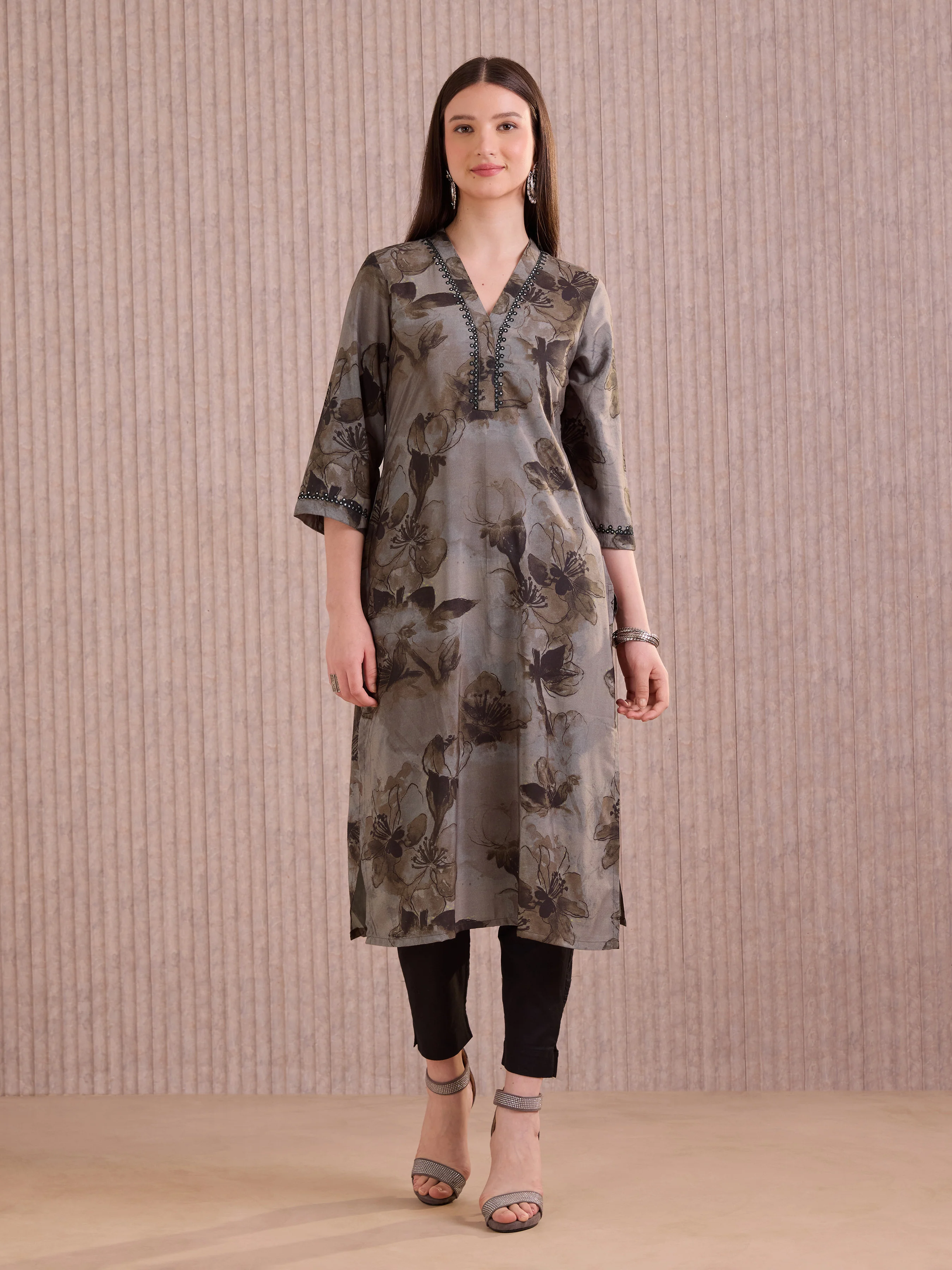 Grey Viscose Blend Printed Kurti With Mirror Work