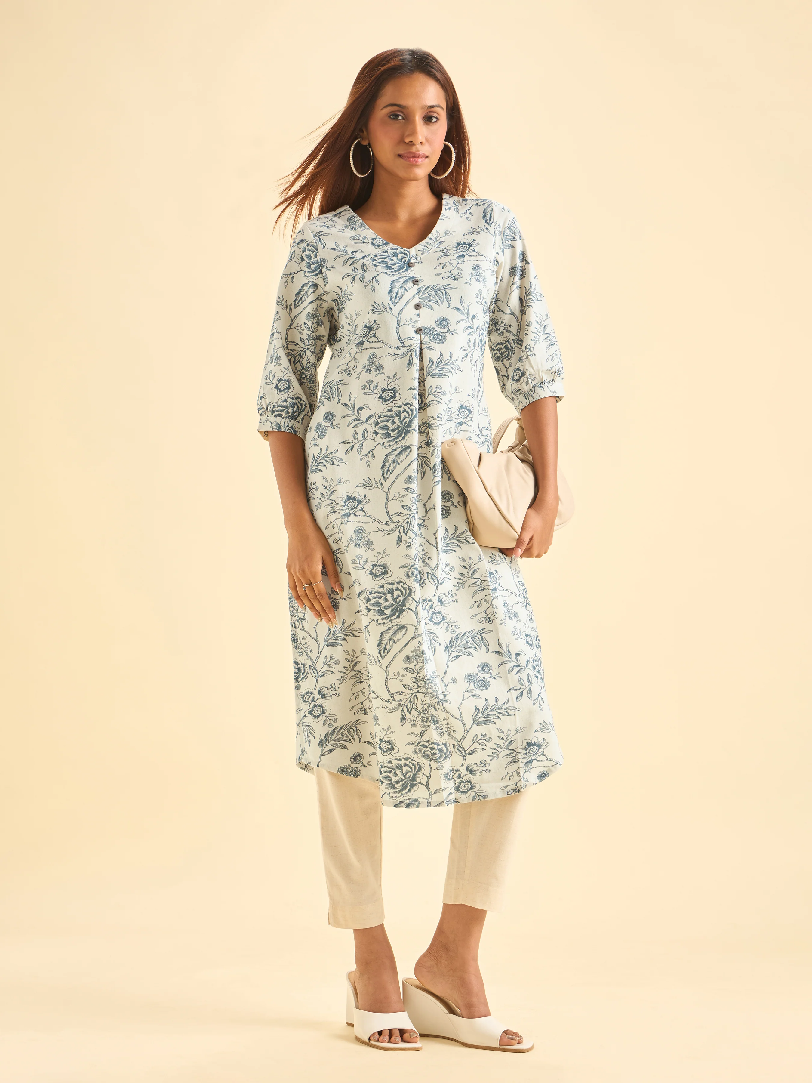 Ivory And Blue Cotton Flax Printed Kurti - Image 6