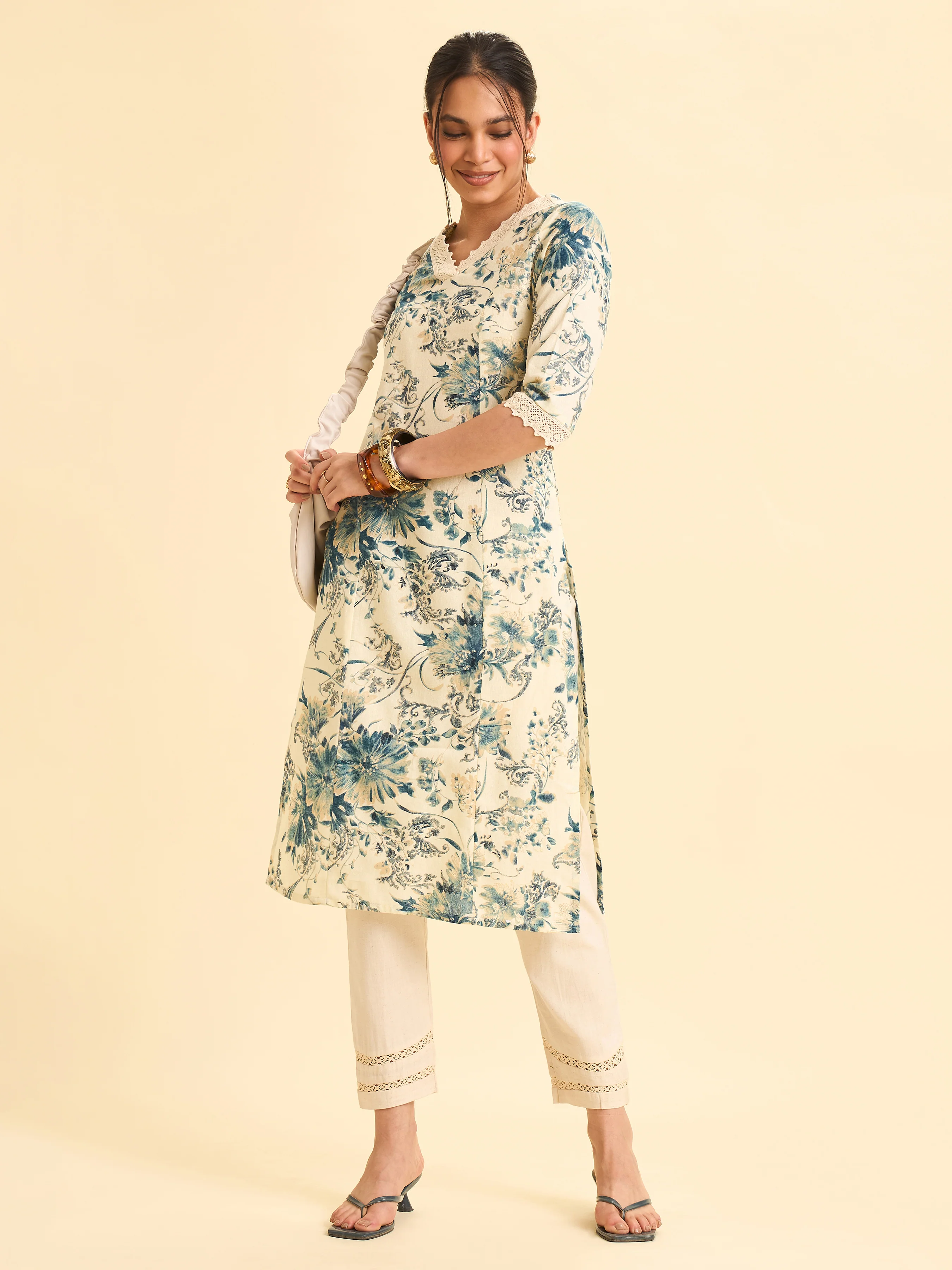 Ivory And Blue Cotton Flax Printed Kurti With Lace - Image 3