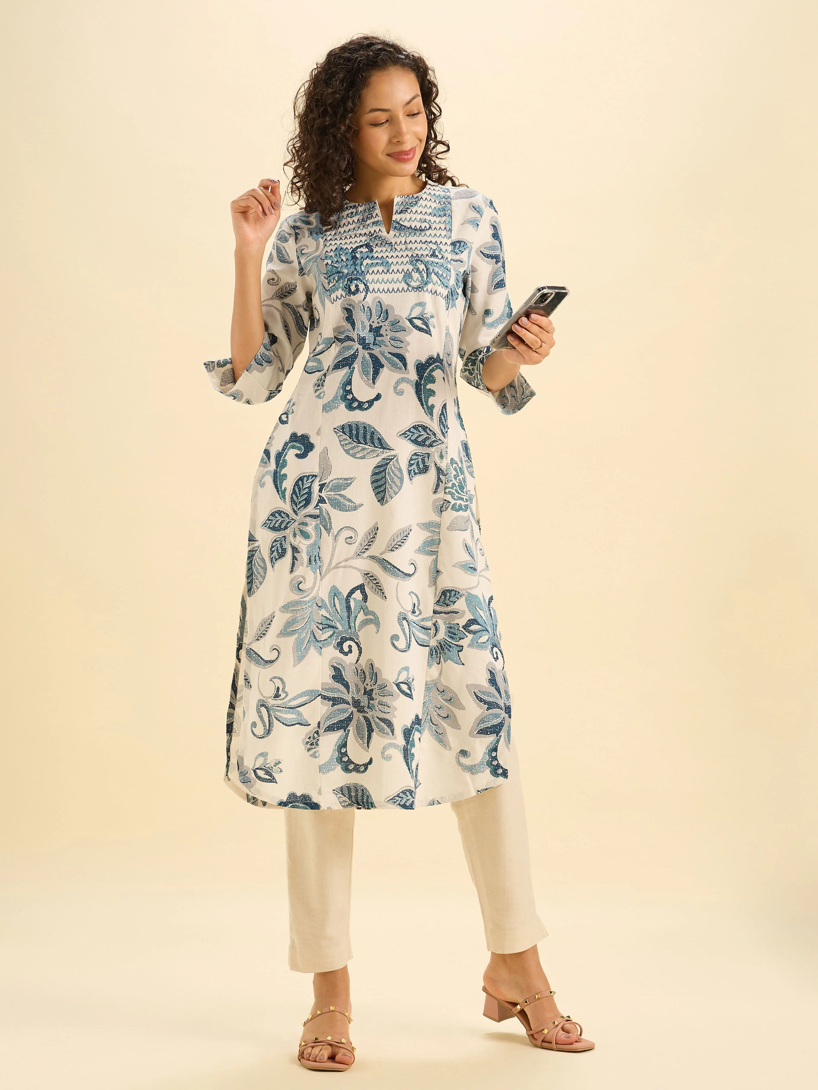 Ivory And Blue Cotton Flax Printed Slitted Kurti With Embroidery - Image 5