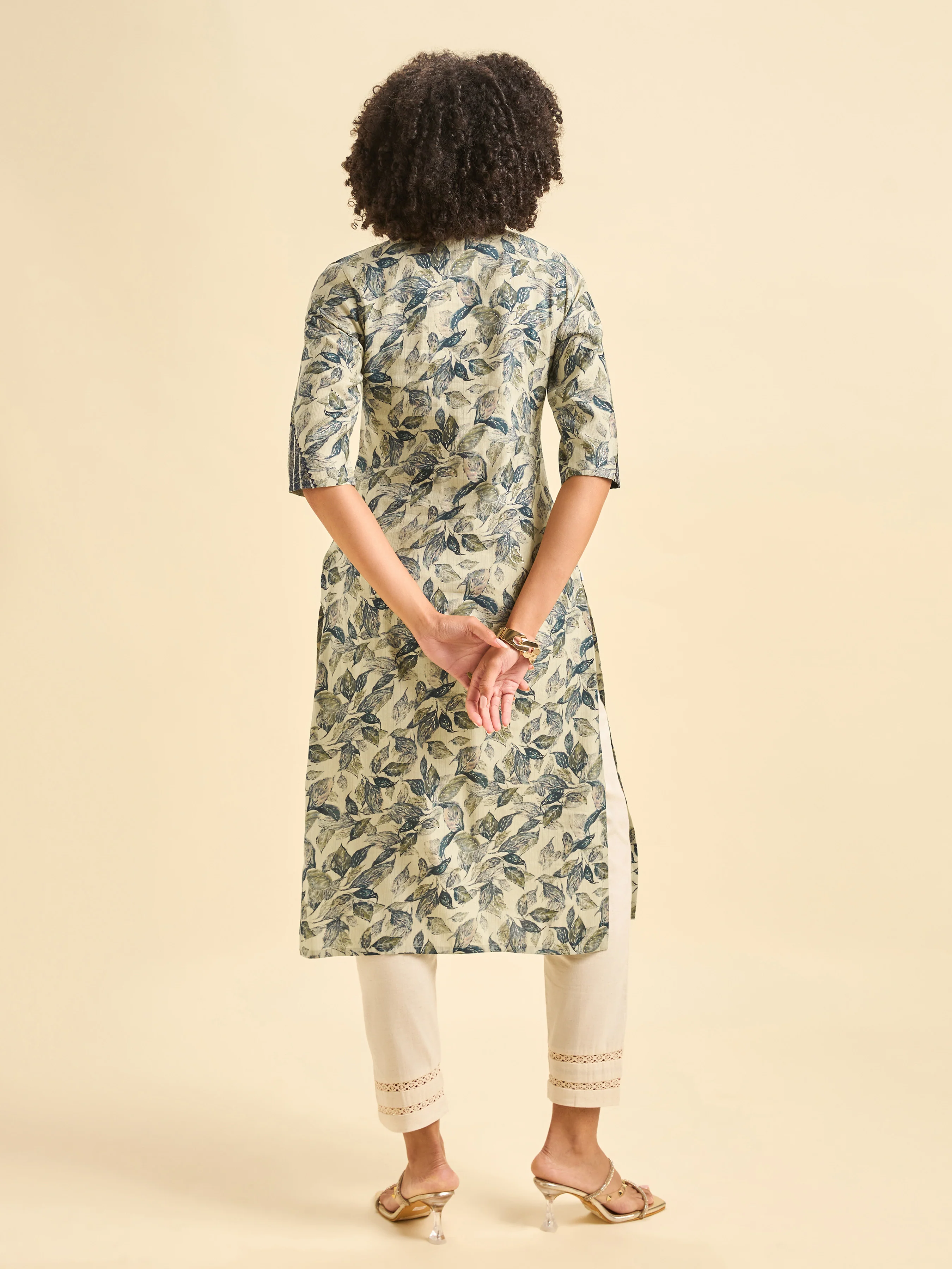 Ivory And Blue Viscose Blend Foil Printed Kurti With Embroidery - Image 6