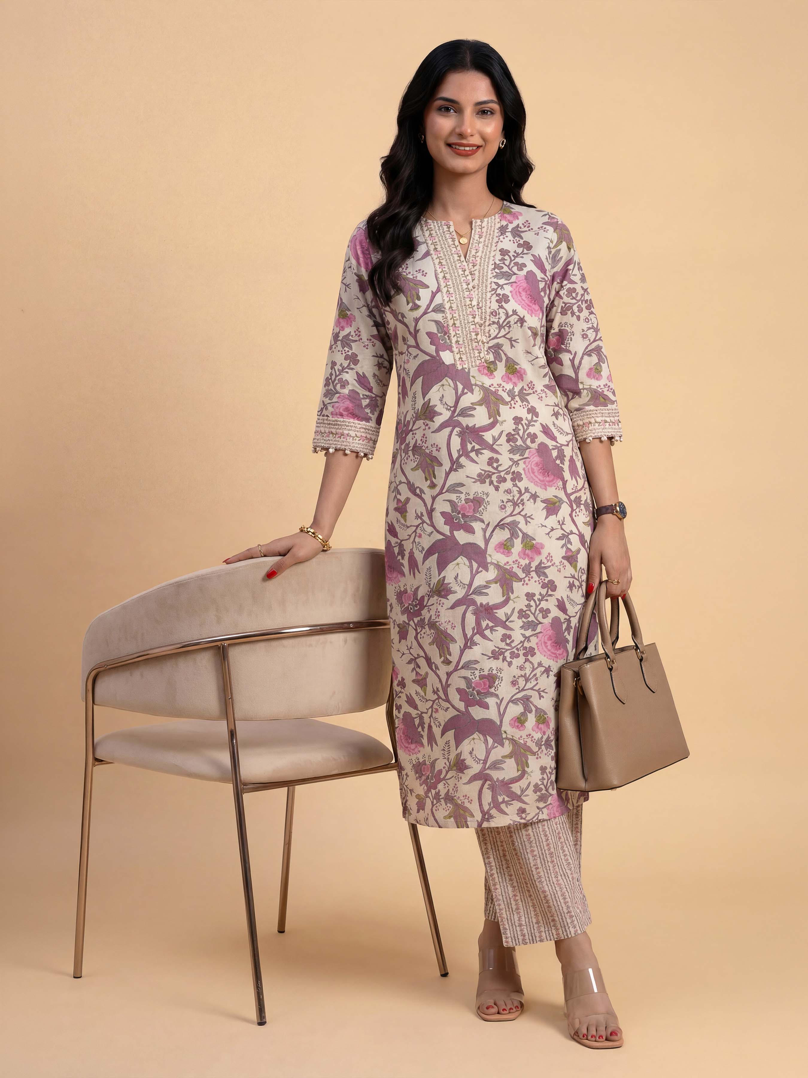 Ivory And Muti Colour Cotton Flax Printed Kurti Set - Image 4