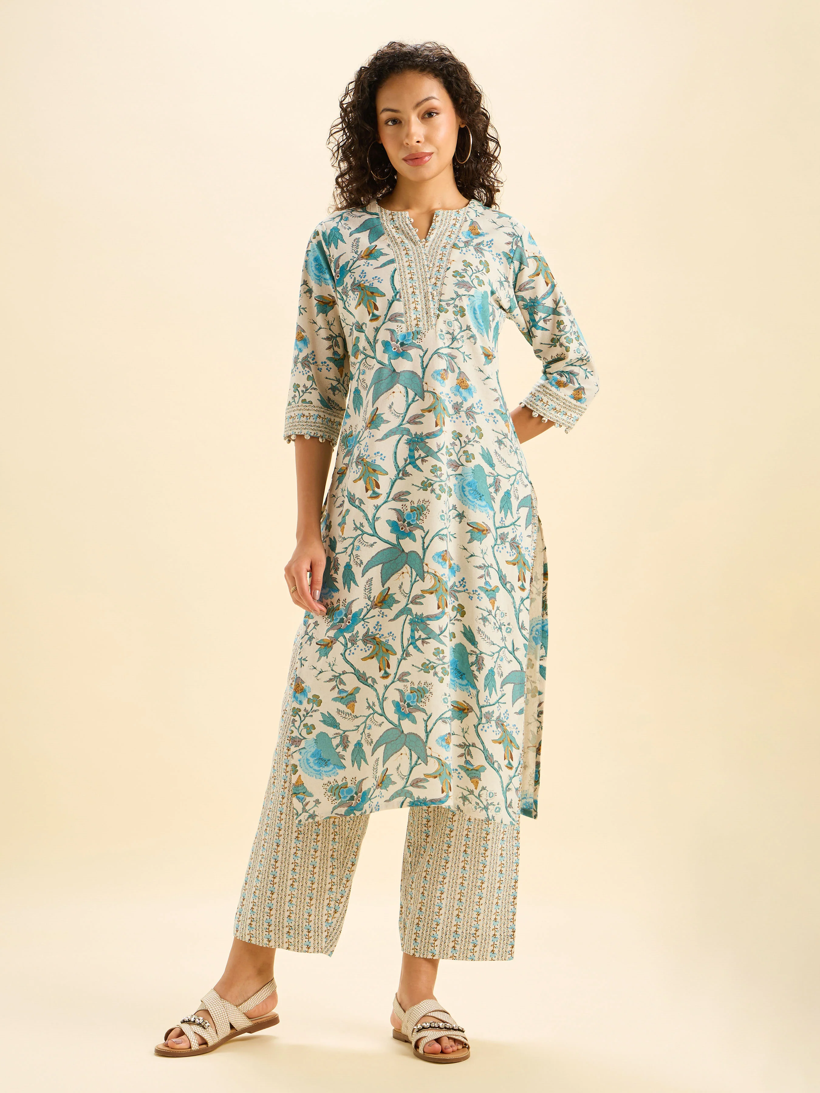 Ivory And Muti Colour Cotton Flax Printed Kurti Set