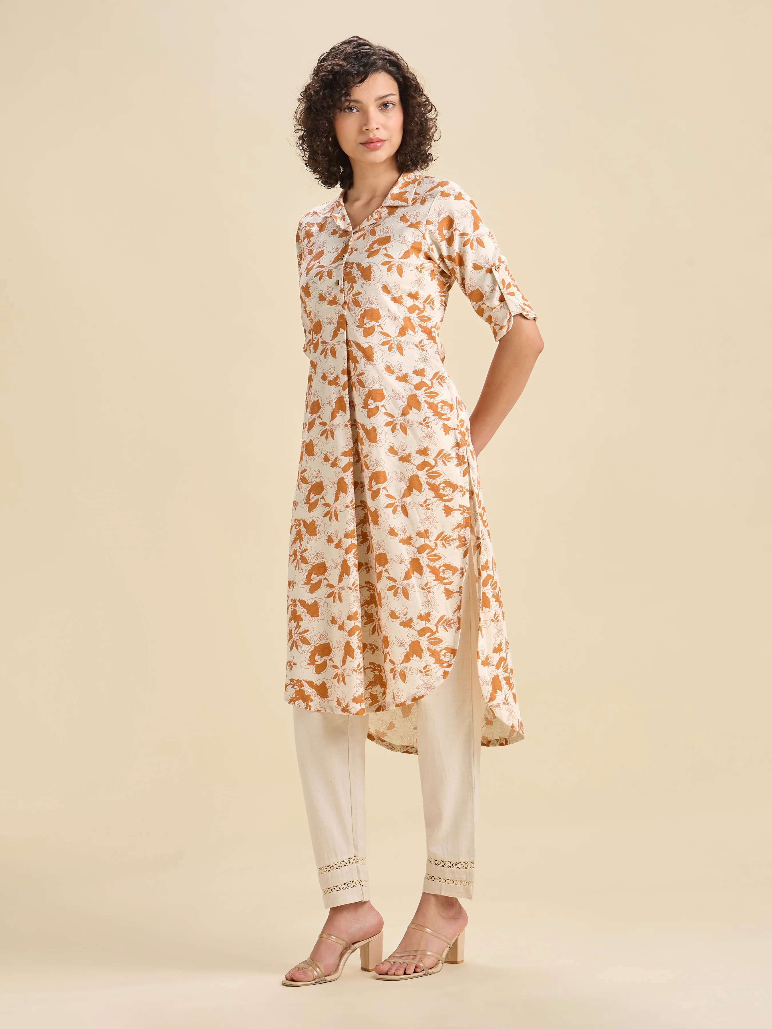 Ivory And Orange Cotton Flax Printed Slitted Kurti With Curved Hem - Image 4