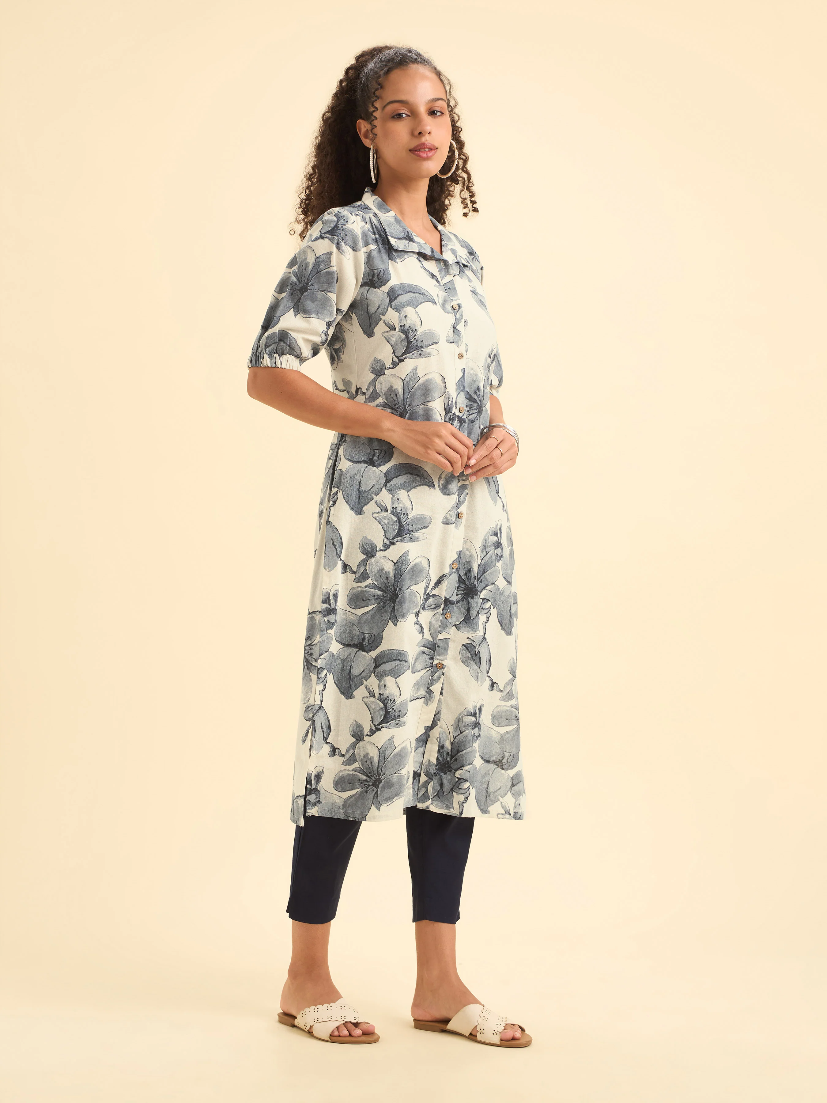 Ivory Blue Cotton Flax Printed Slitted Kurti With Full Placket - Image 6
