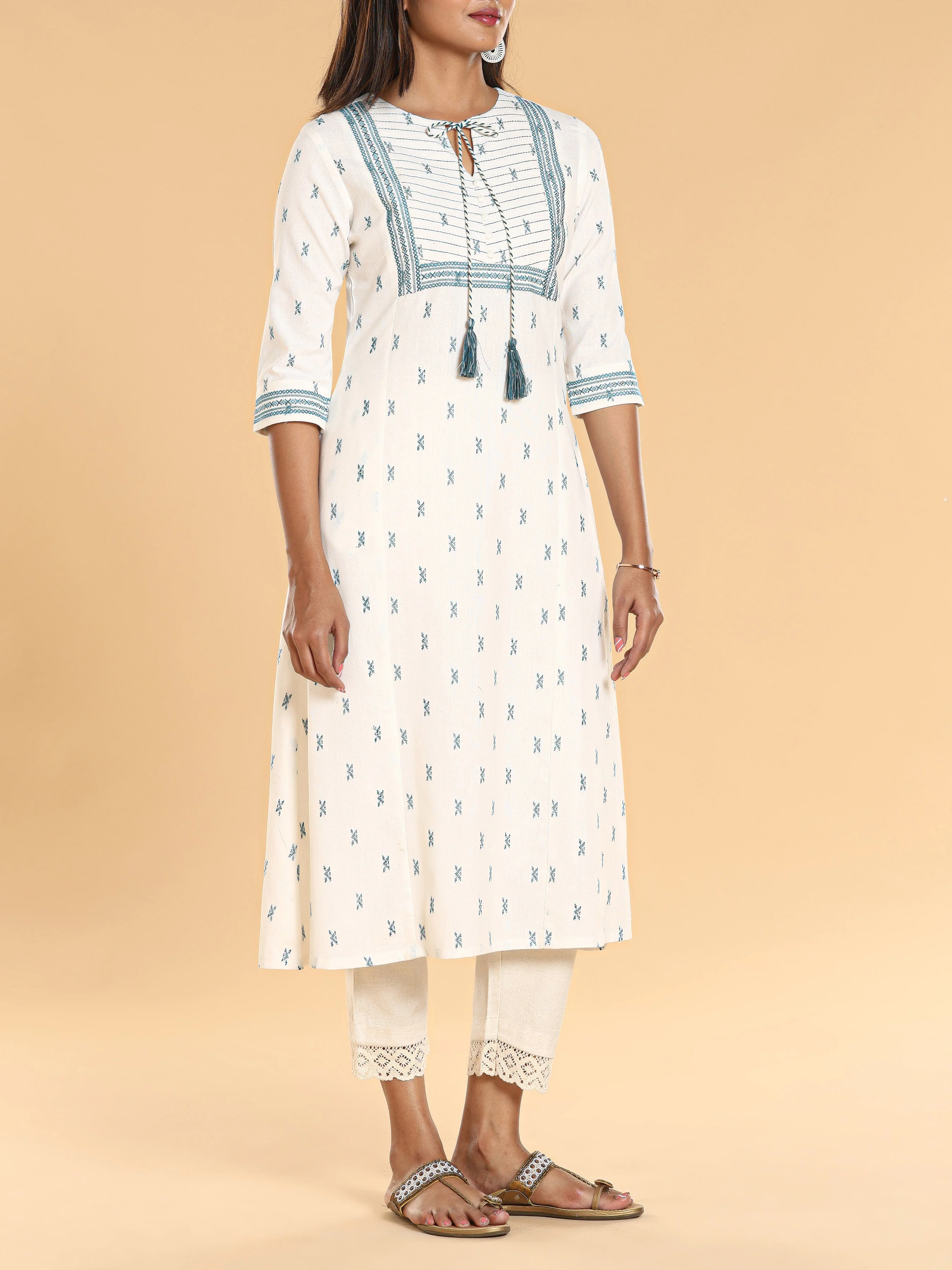 Ivory Cotton Dobby Printed Kurti With Embroidery - Image 5