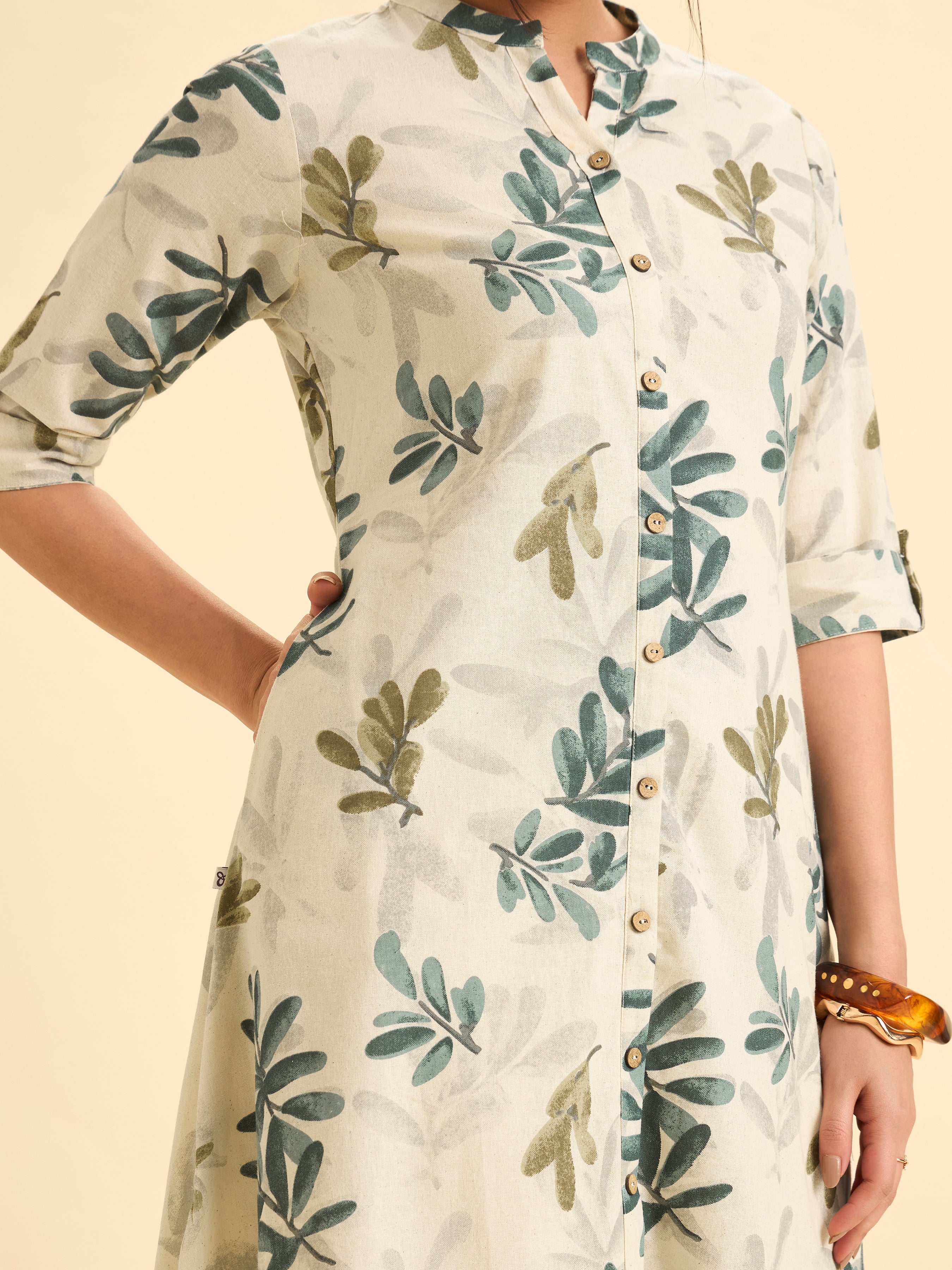 Ivory Cotton Flax Flared Kurti With Multi Colour Print And Curved Hem - Image 2