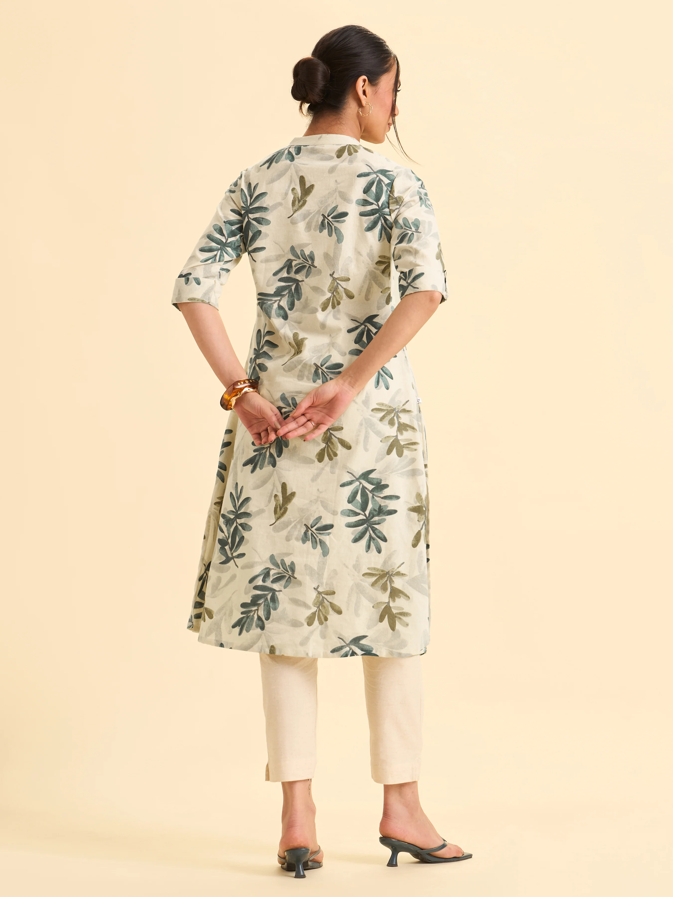 Ivory Cotton Flax Flared Kurti With Multi Colour Print And Curved Hem - Image 5