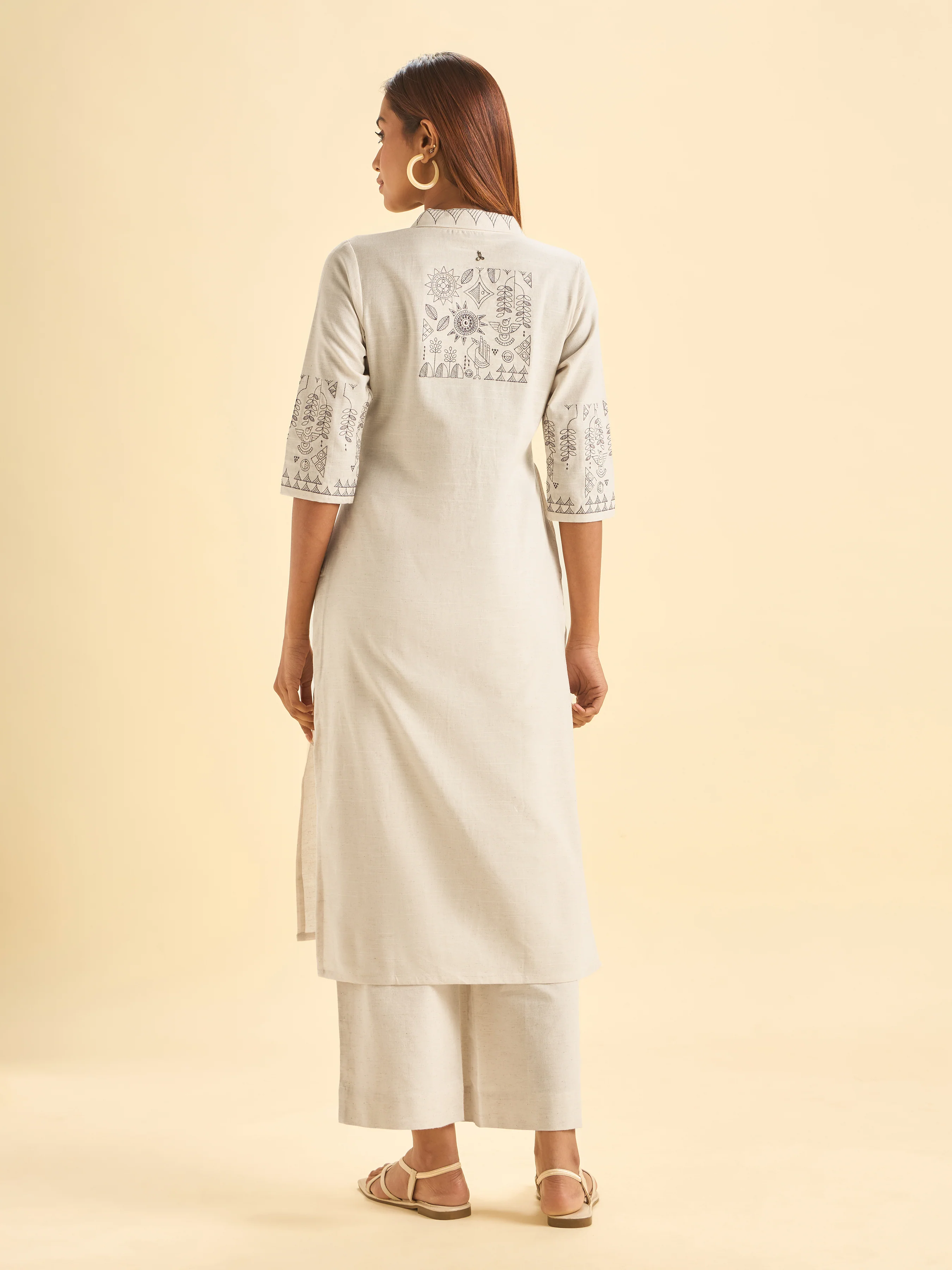Ivory Cotton Flax Plain Kurti With Embroidery - Image 6