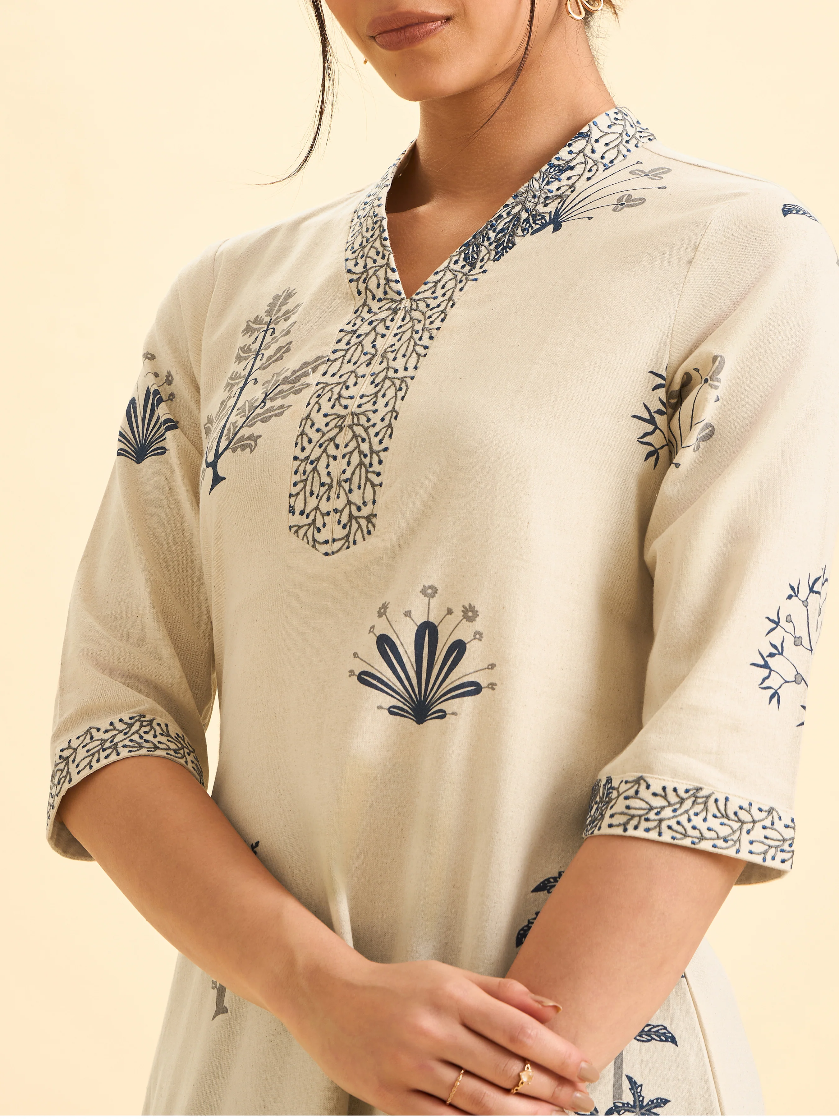 Ivory Cotton Flax Printed Flared Kurti With Embroidery - Image 2