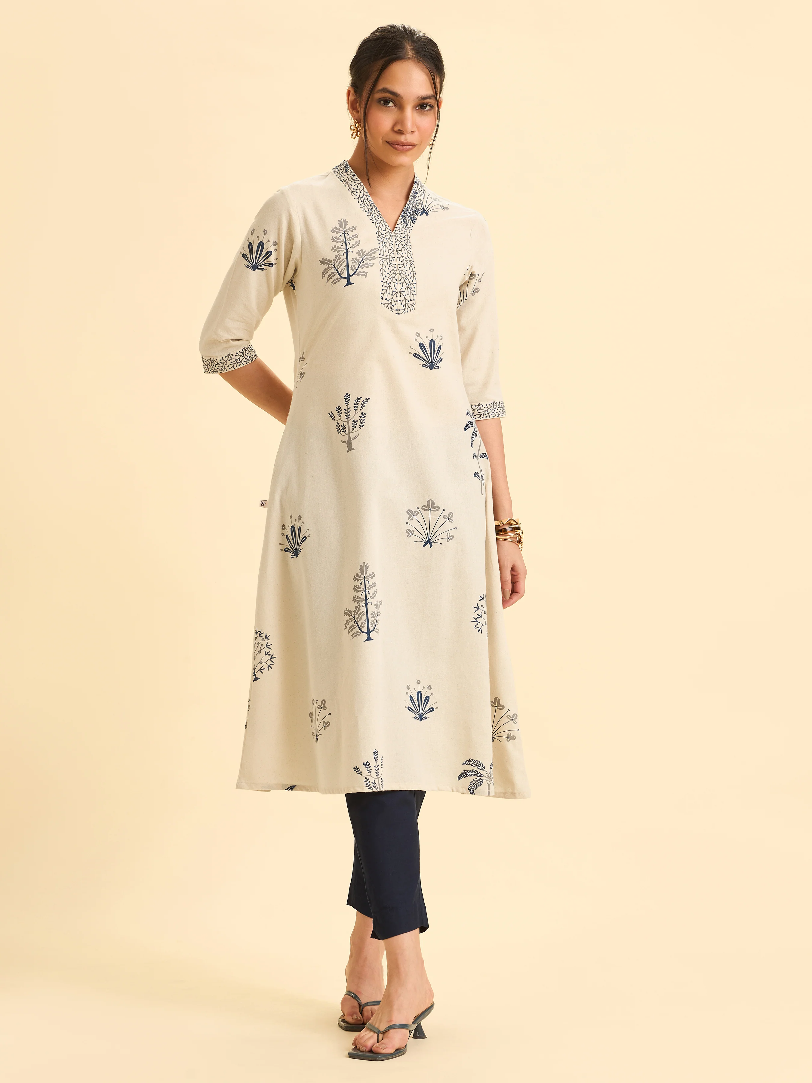 Ivory Cotton Flax Printed Flared Kurti With Embroidery - Image 3