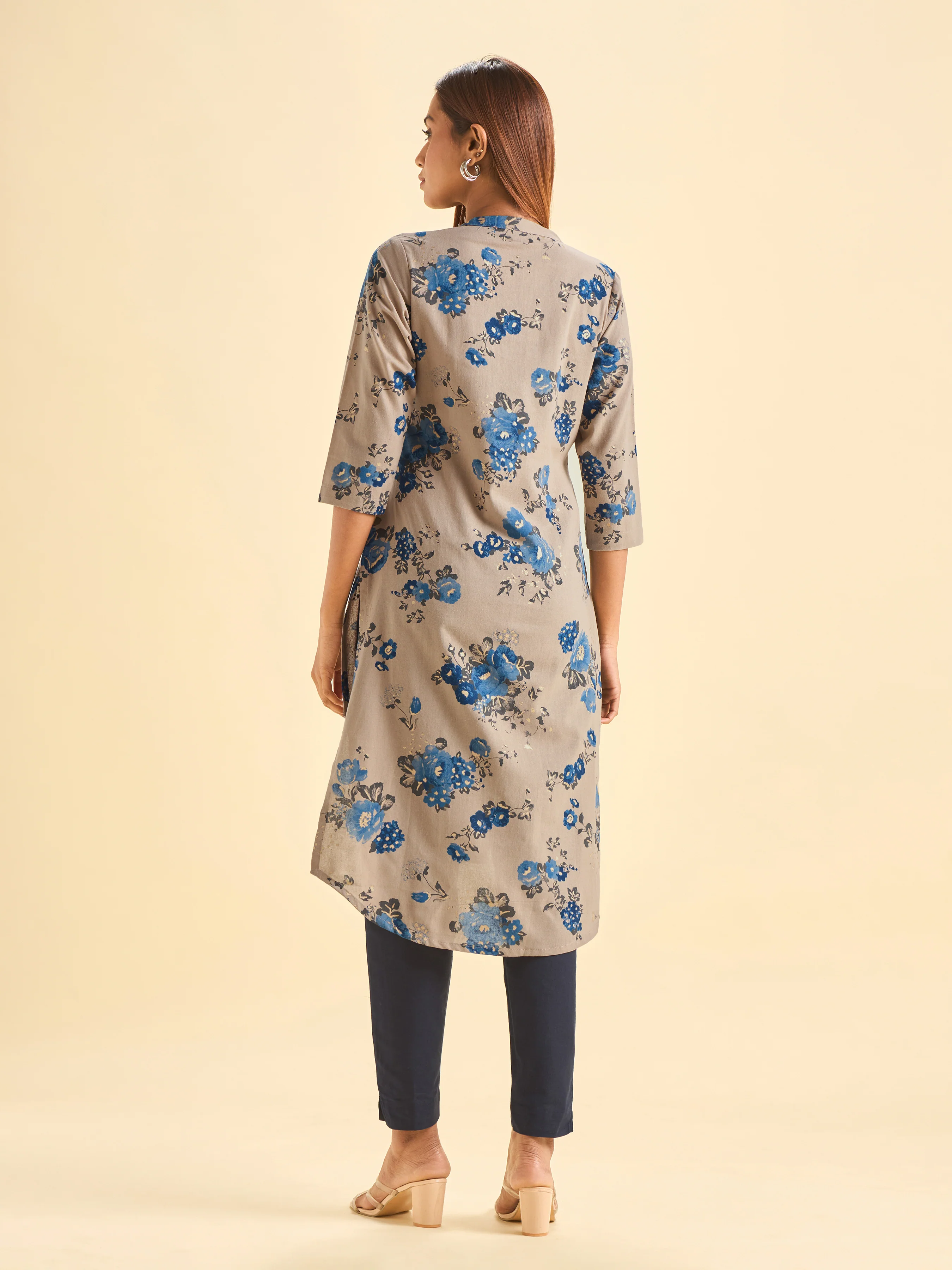 Ivory Cotton Flax Printed Kurti With Center Cut - Image 6