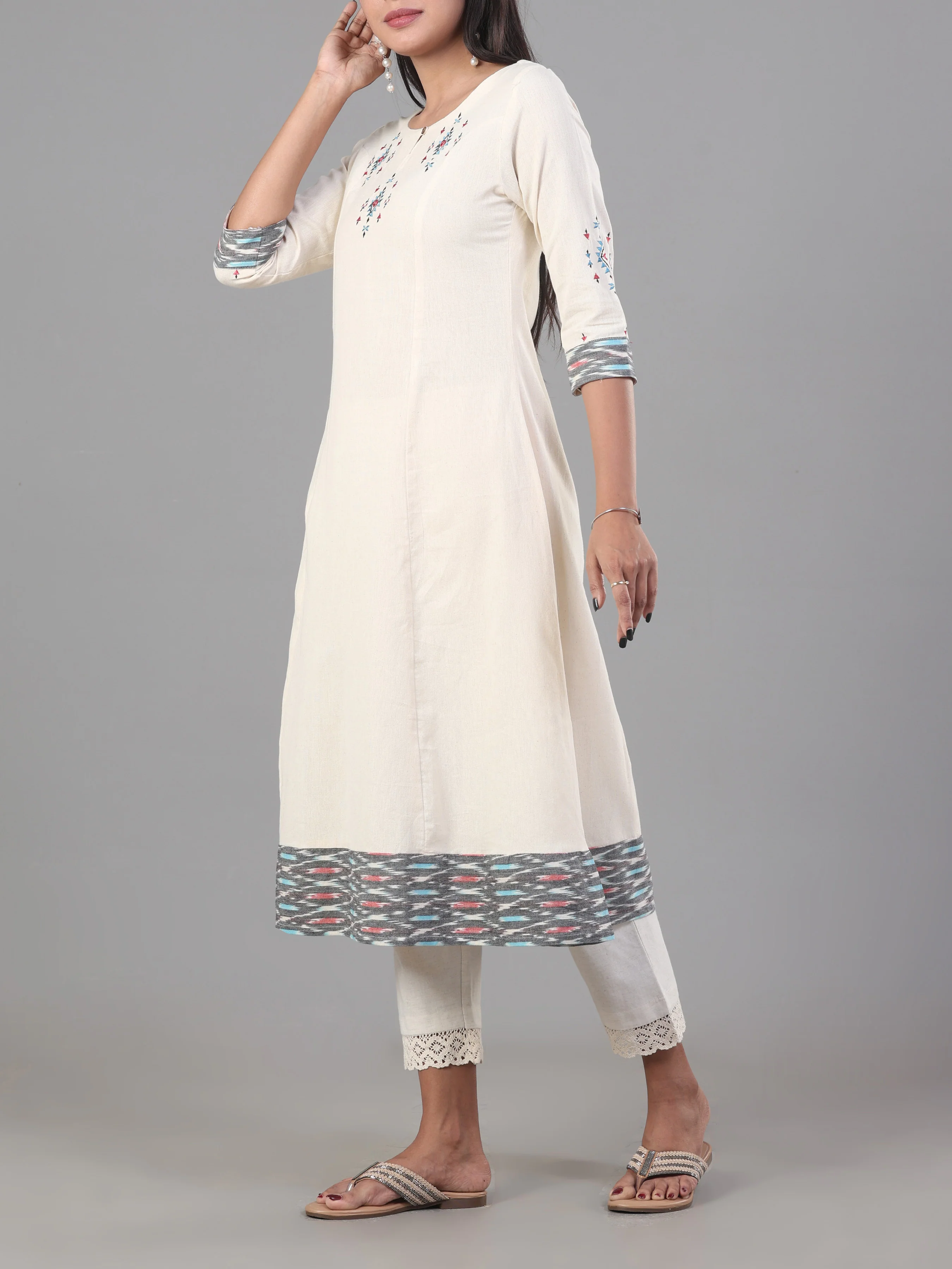 Ivory Cotton Flax Printed Kurti With Embroidery - Image 3