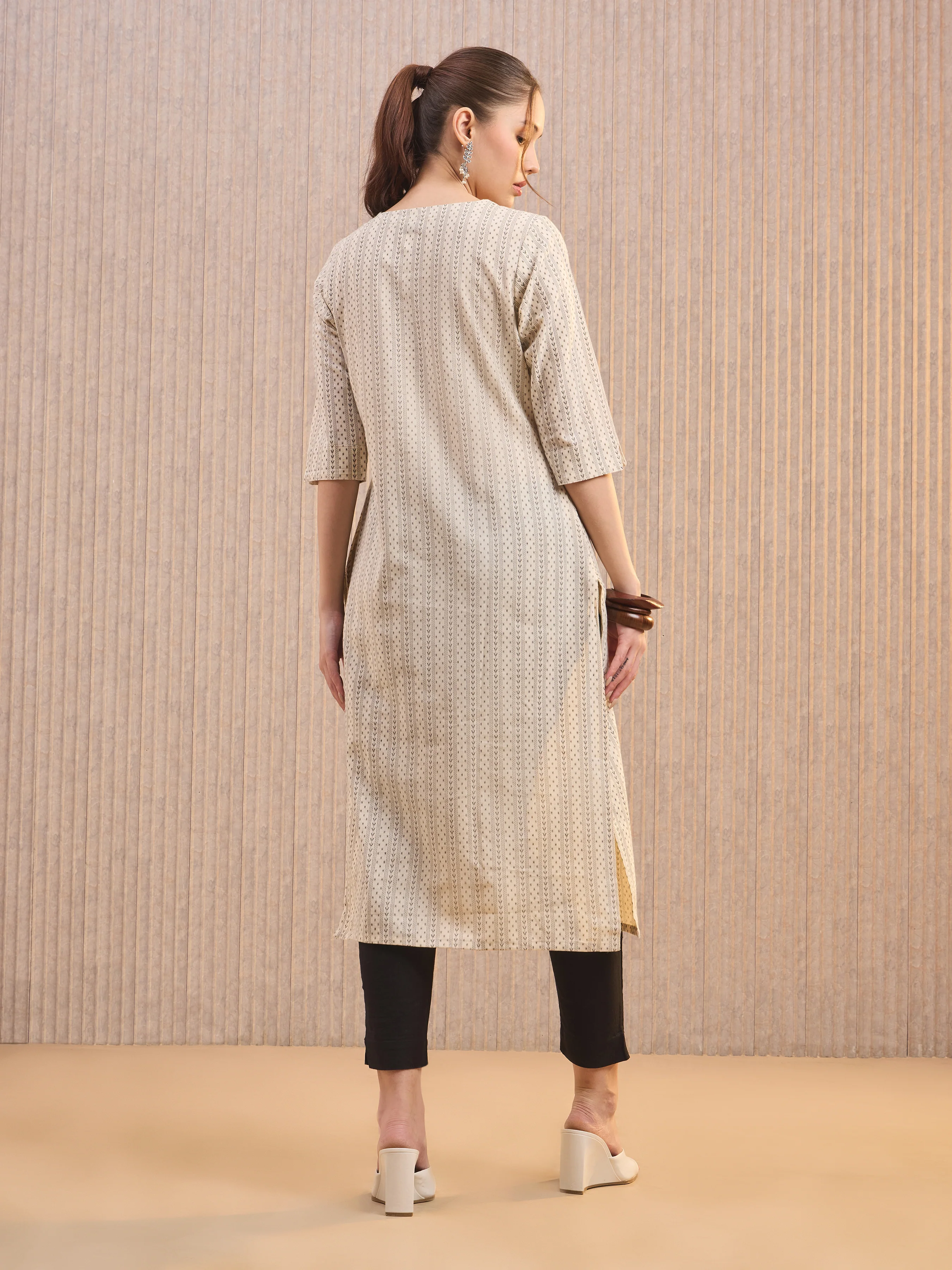 Ivory Cotton Flax Printed Kurti With Embroidery - Image 6