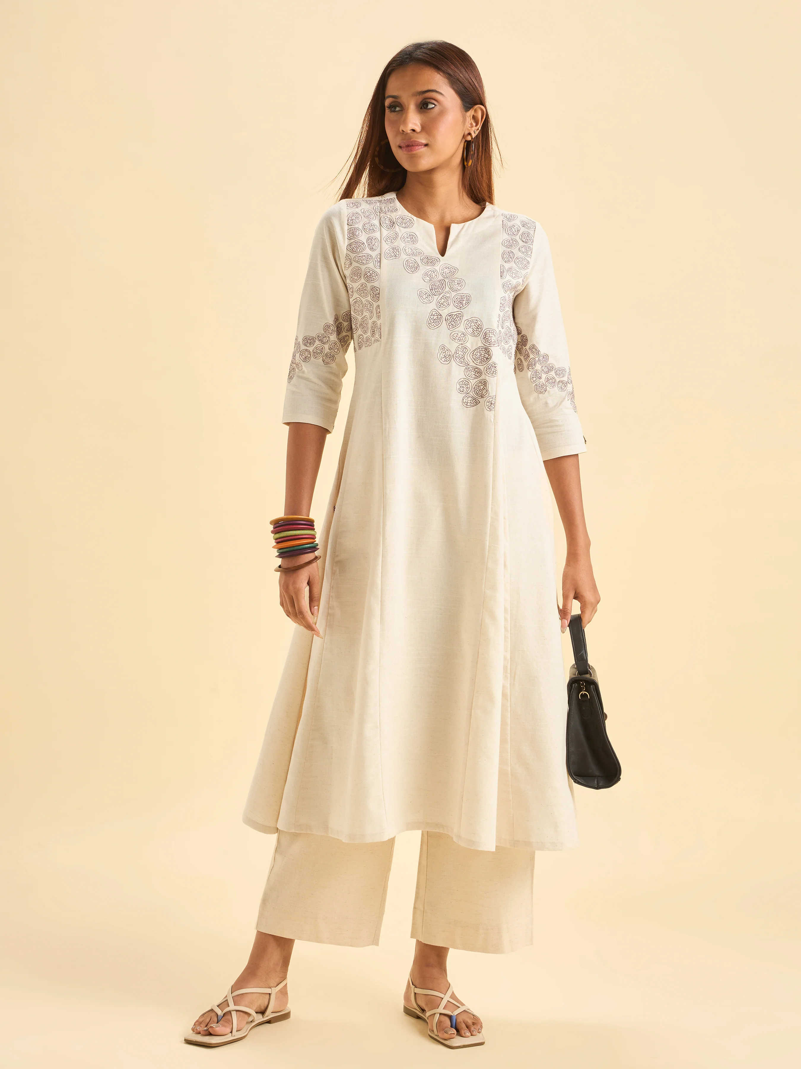 Ivory Cotton Flax Slub Flared Centre Panel Kurti - Image 3