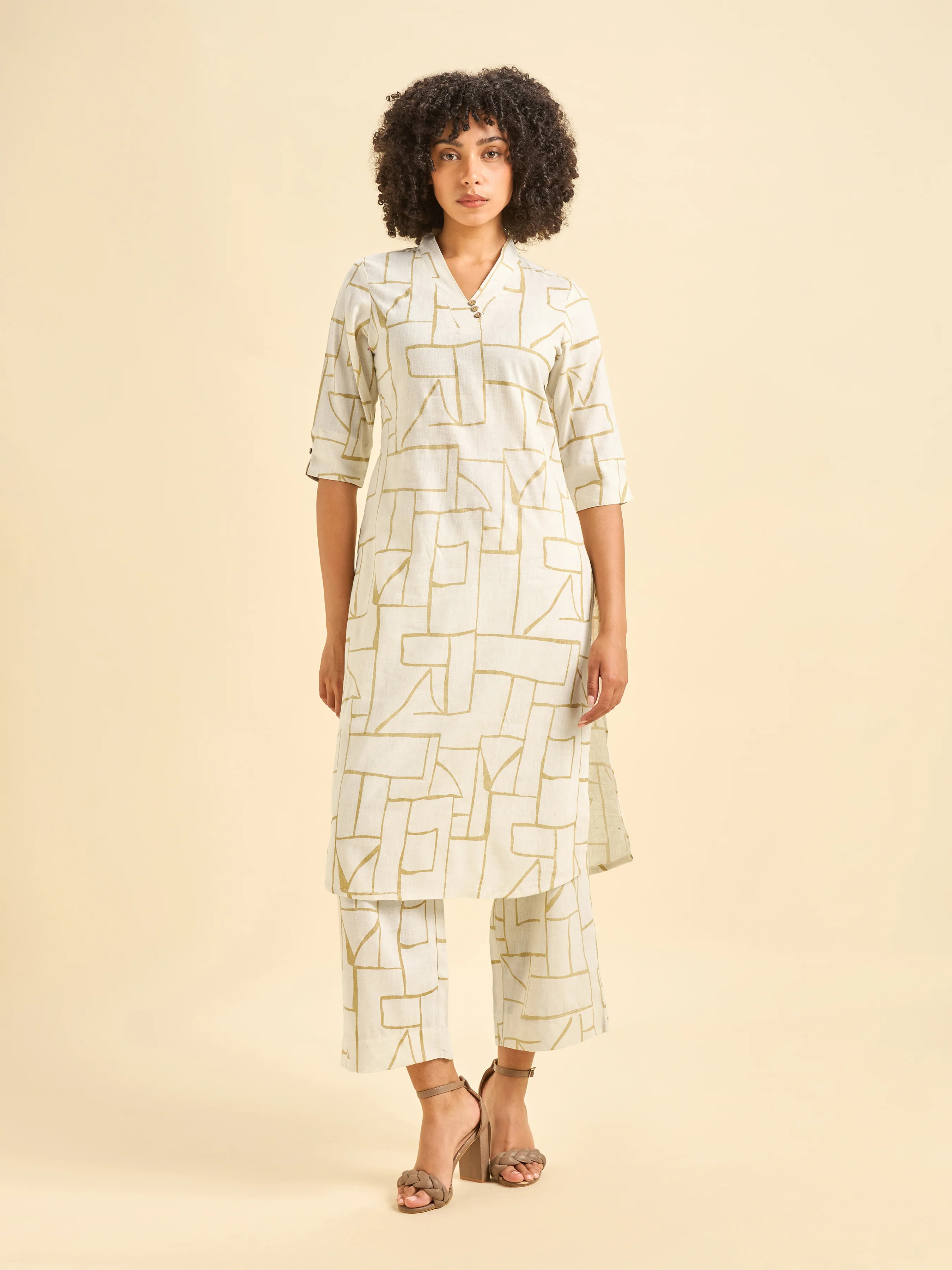 Ivory Cotton Linen Slitted Printed Co-Ord Set - Image 3