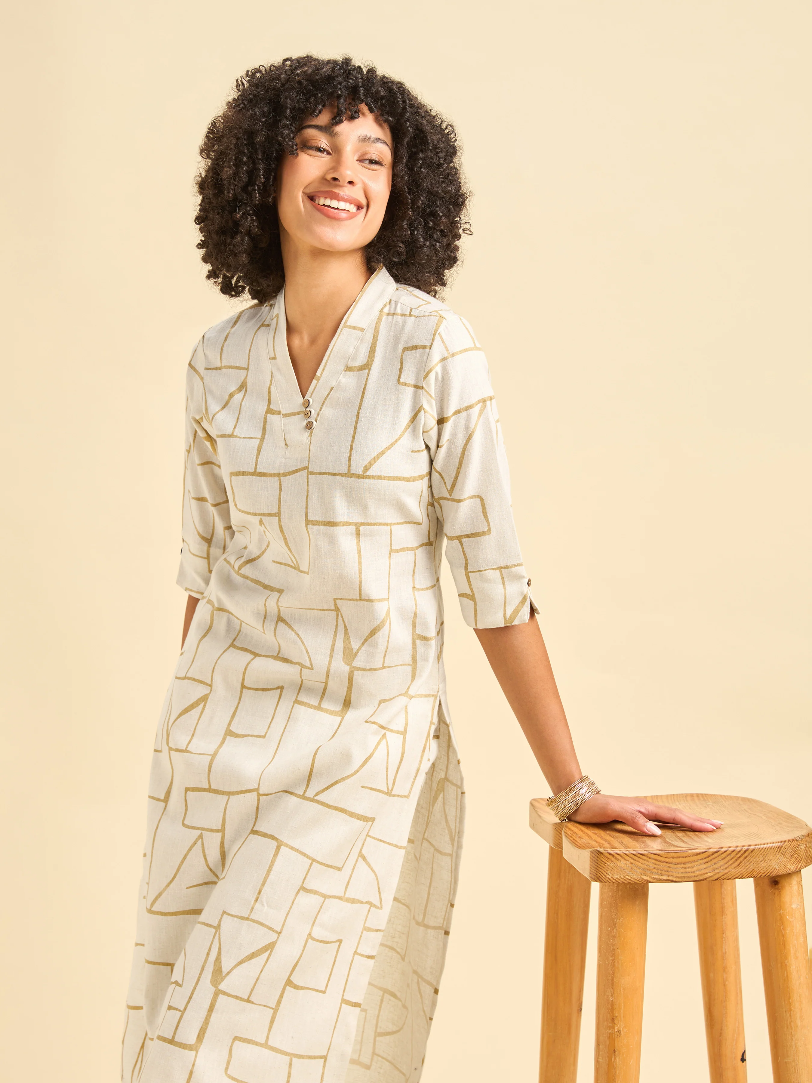 Ivory Cotton Linen Slitted Printed Co-Ord Set - Image 5