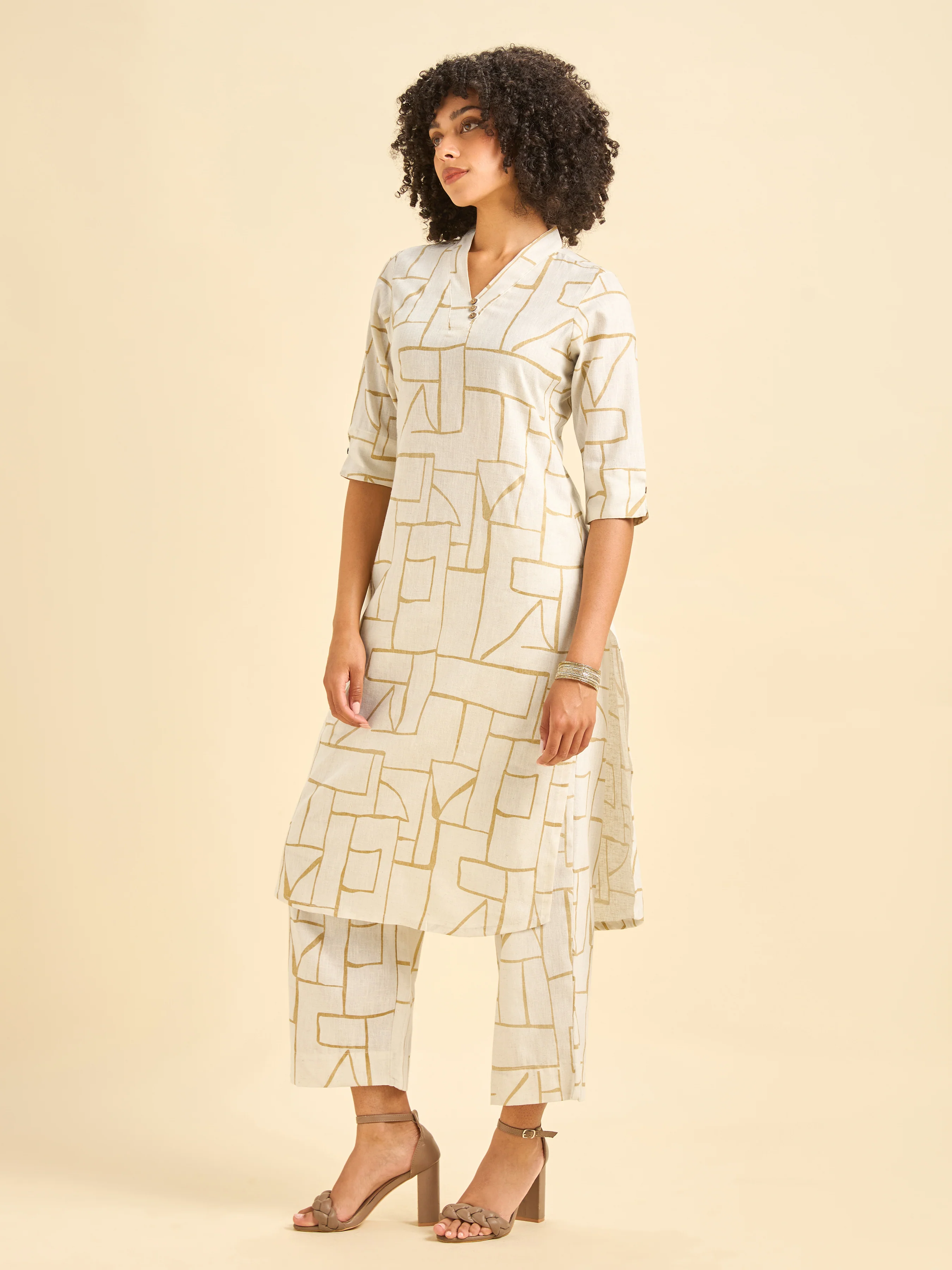 Ivory Cotton Linen Slitted Printed Co-Ord Set - Image 6