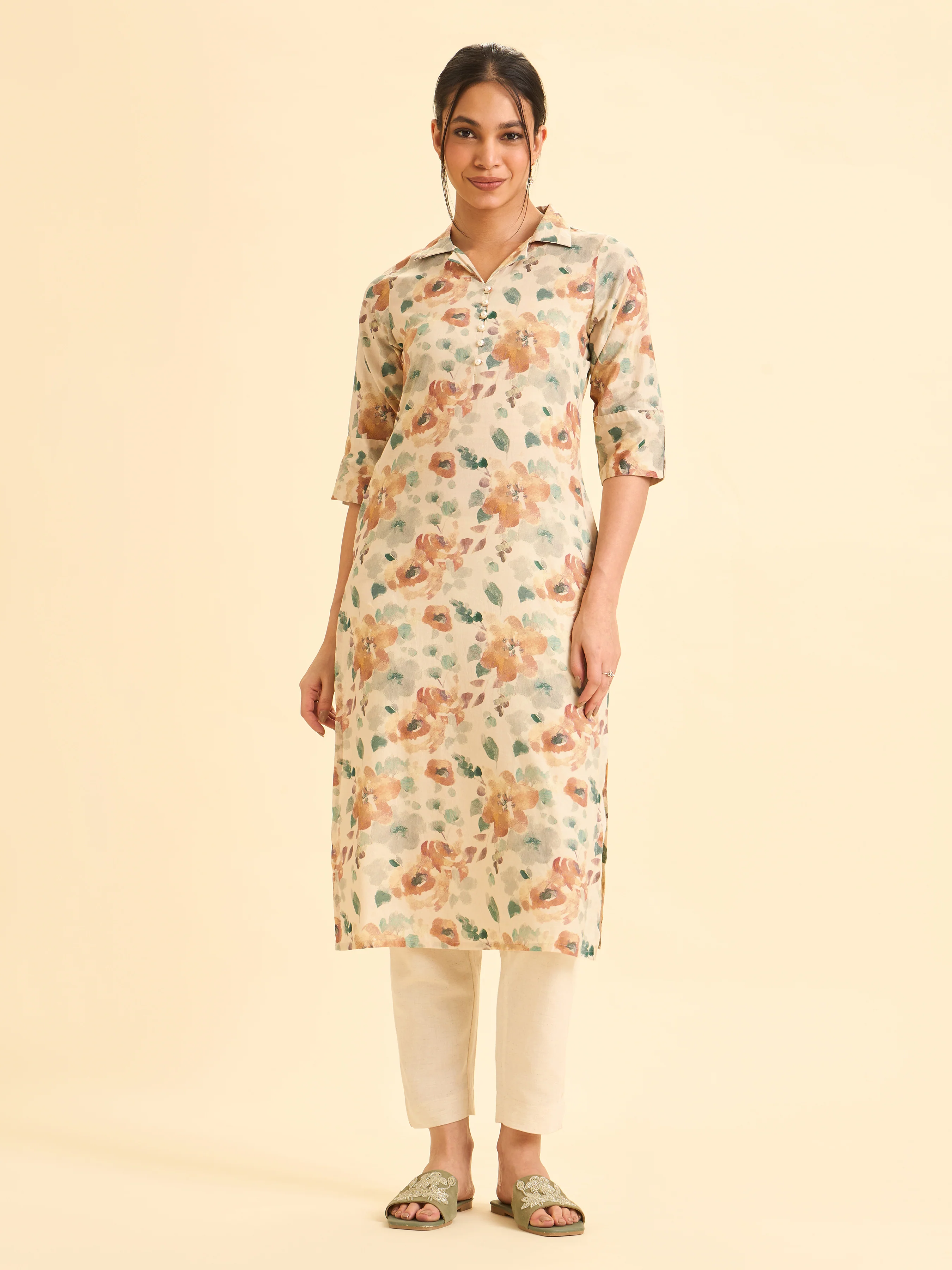 Ivory Cotton Printed Slitted Kurti With Multi Colour Print
