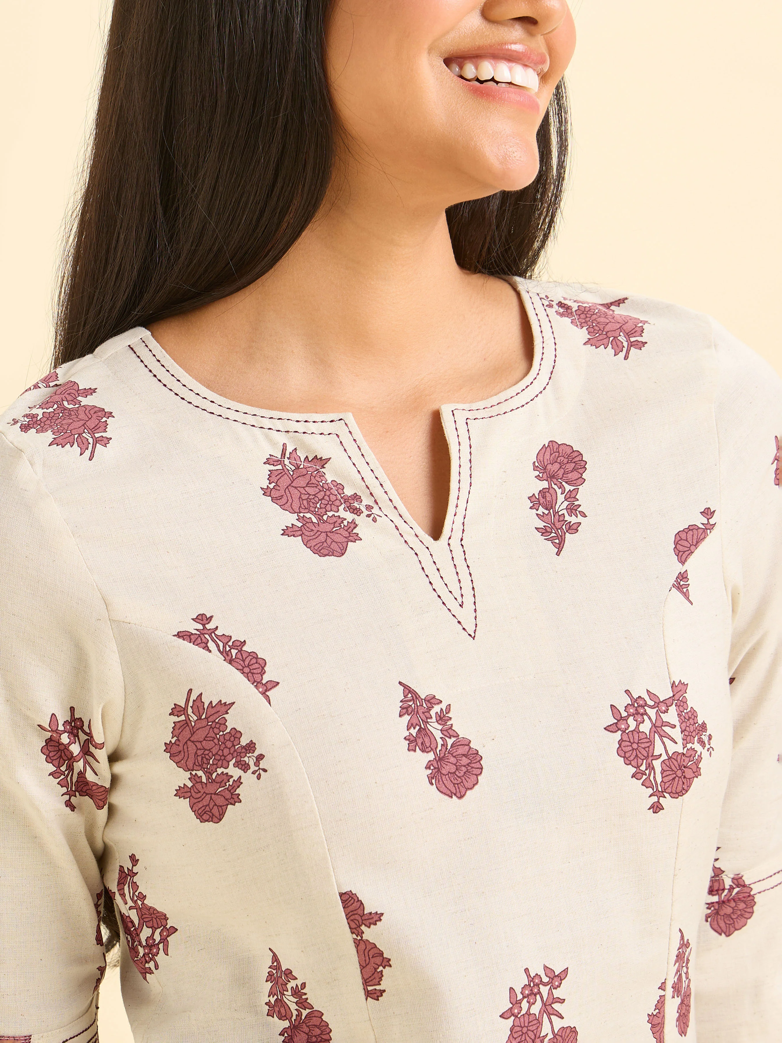 Ivory Maroon Cotton Flax Printed Slitted Kurti With Running Stitch Embroidery - Image 2