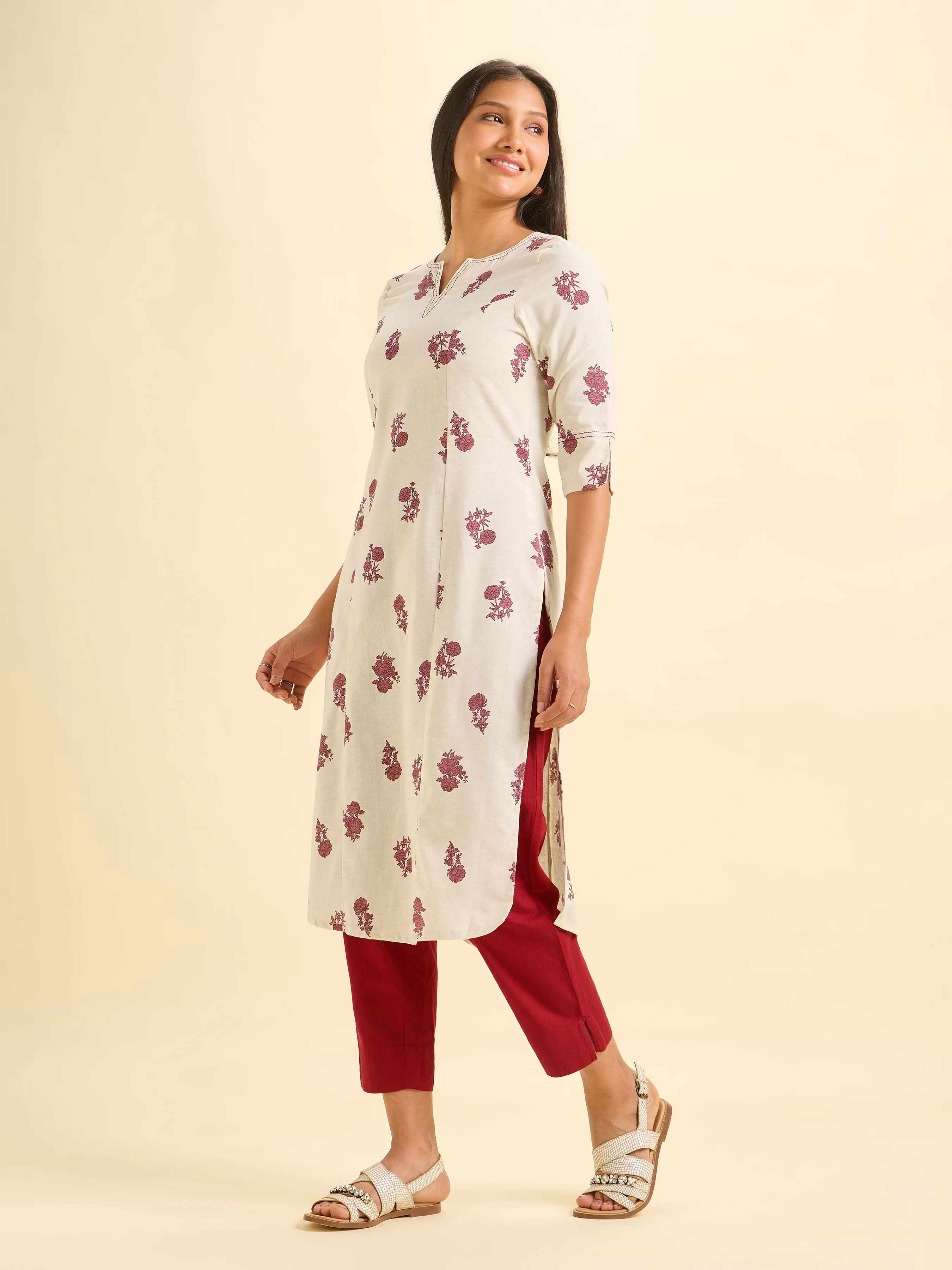 Ivory Maroon Cotton Flax Printed Slitted Kurti With Running Stitch Embroidery - Image 5