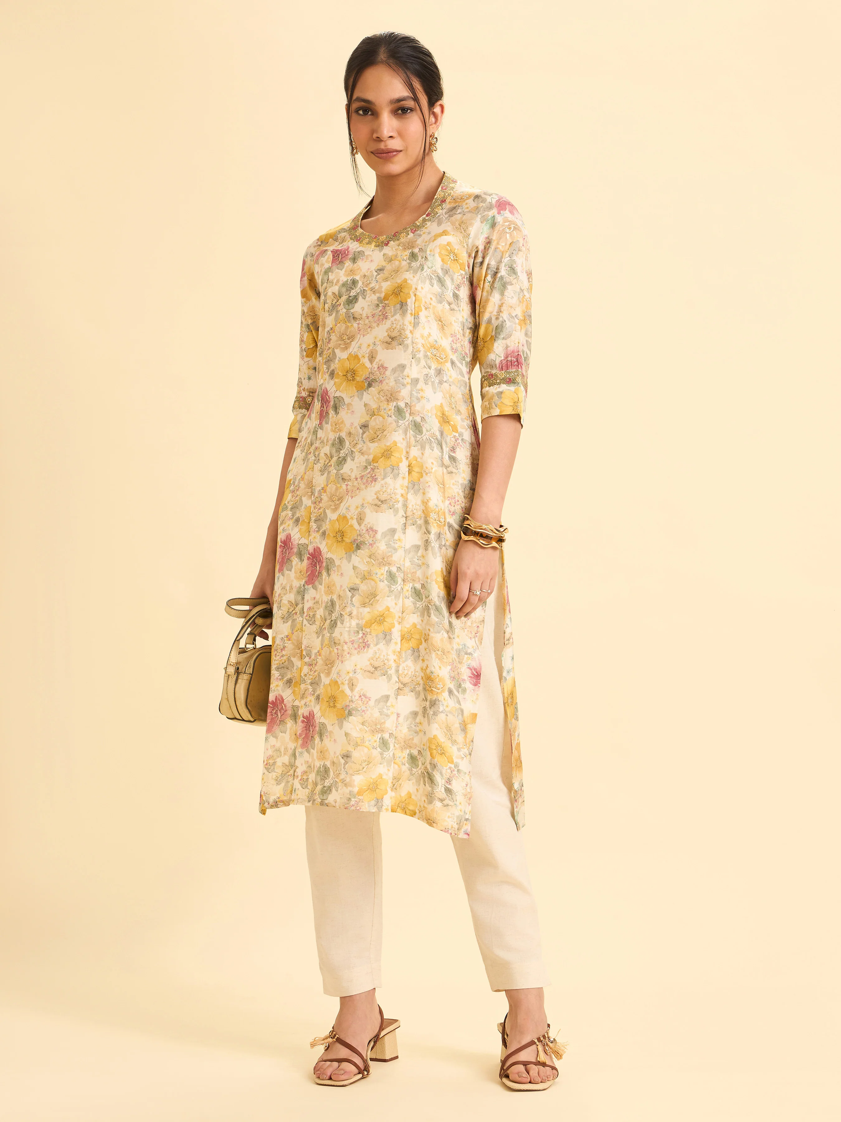 Ivory Modal Chanderi Printed Princess Cut Slitted Kurti With Embroidery - Image 3