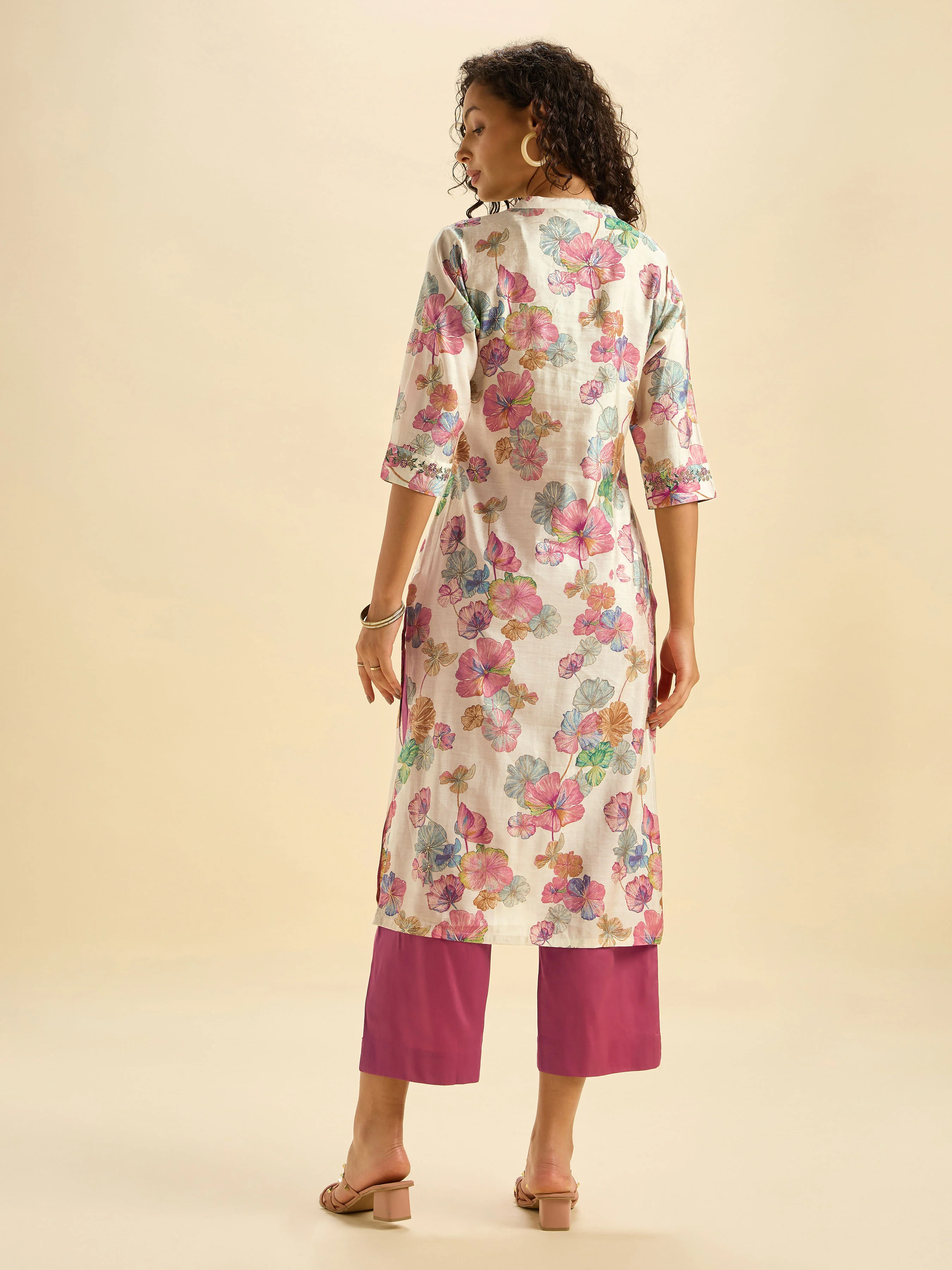 Ivory Multi Colour Modal Chanderi Printed Slitted Kurti Set With Sequins Work - Image 6