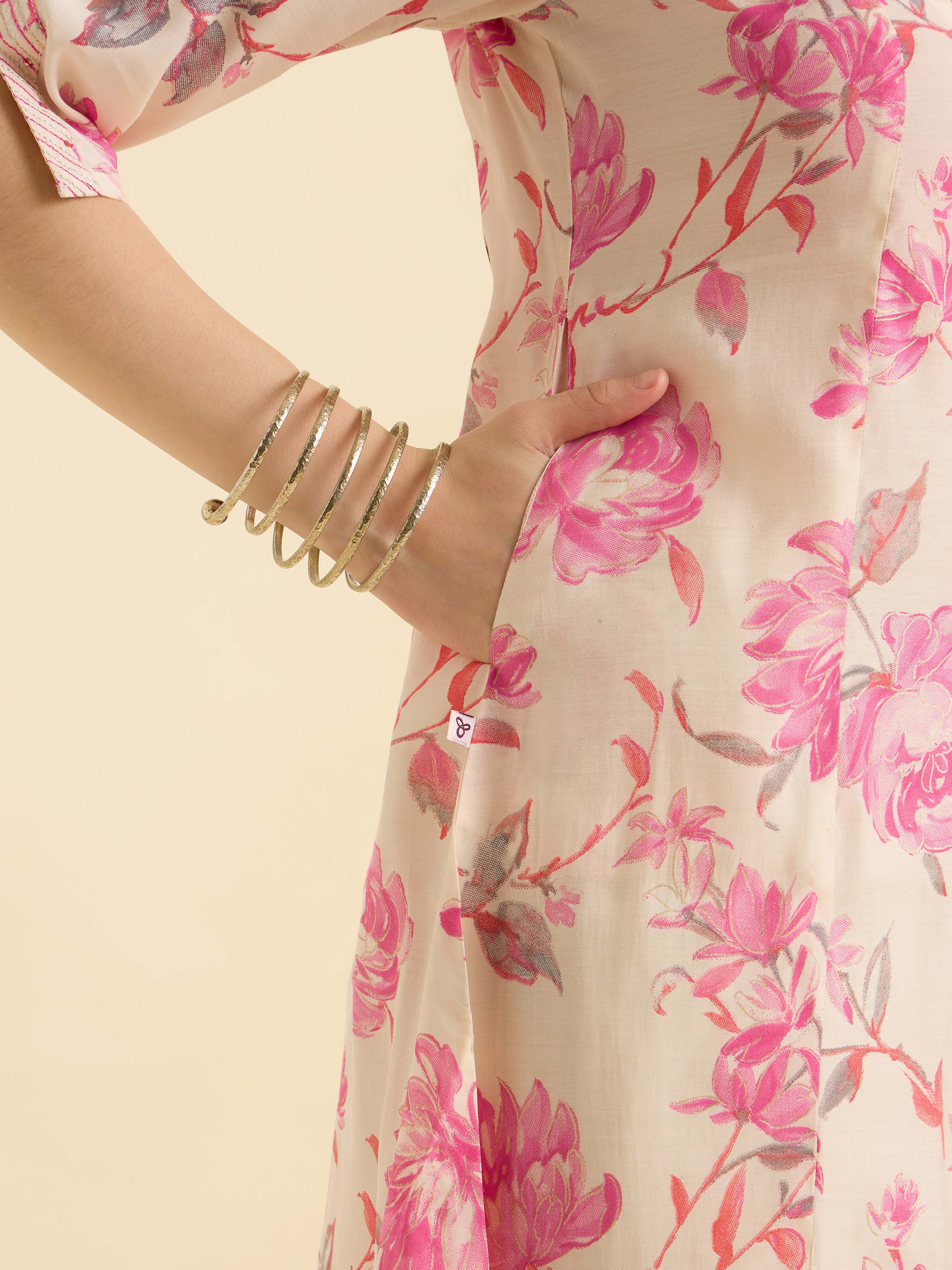 Ivory Pink Modal Chanderi Printed Flared Kurti With Sequence Embroidery - Image 3