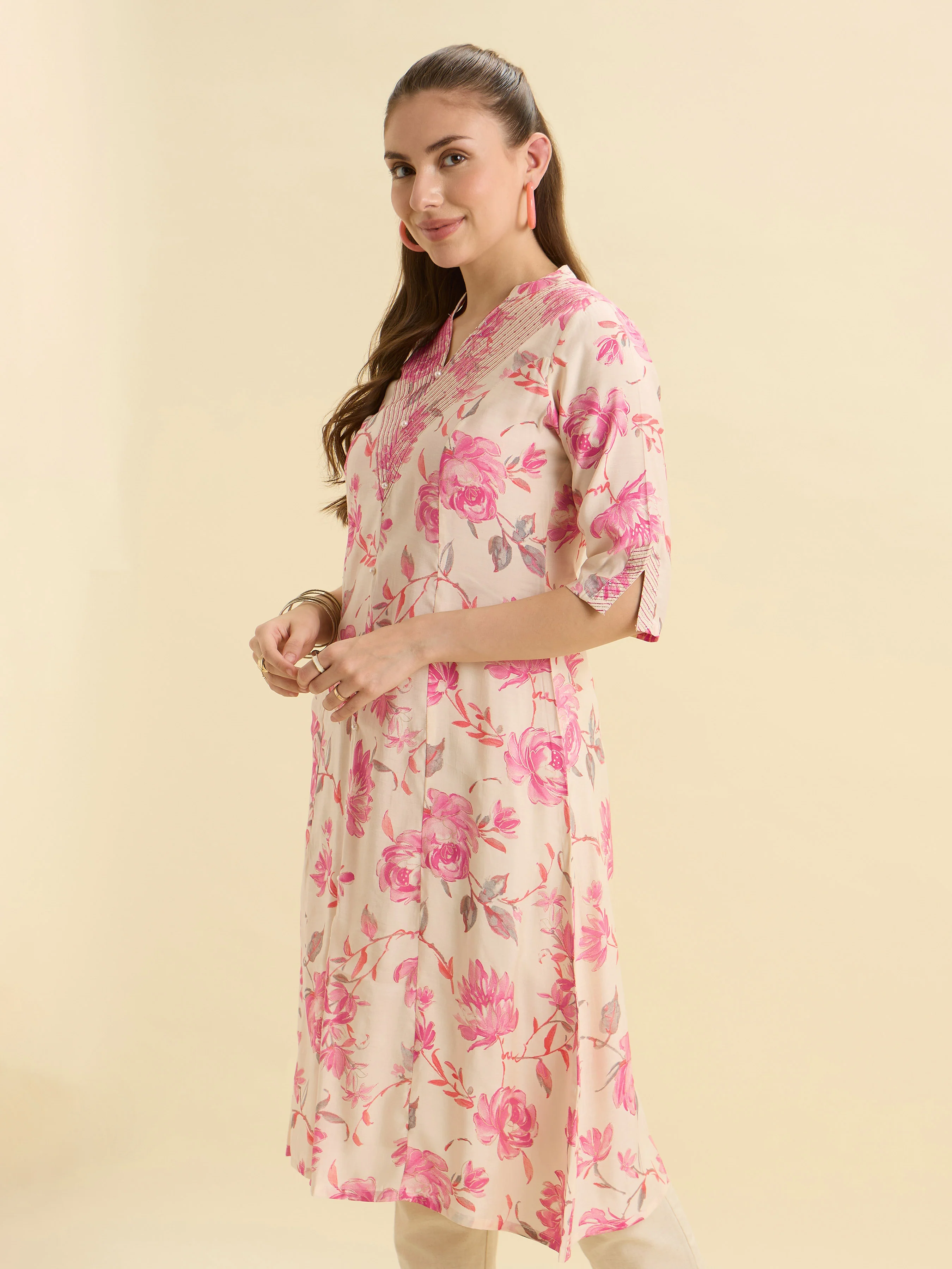 Ivory Pink Modal Chanderi Printed Flared Kurti With Sequence Embroidery - Image 5