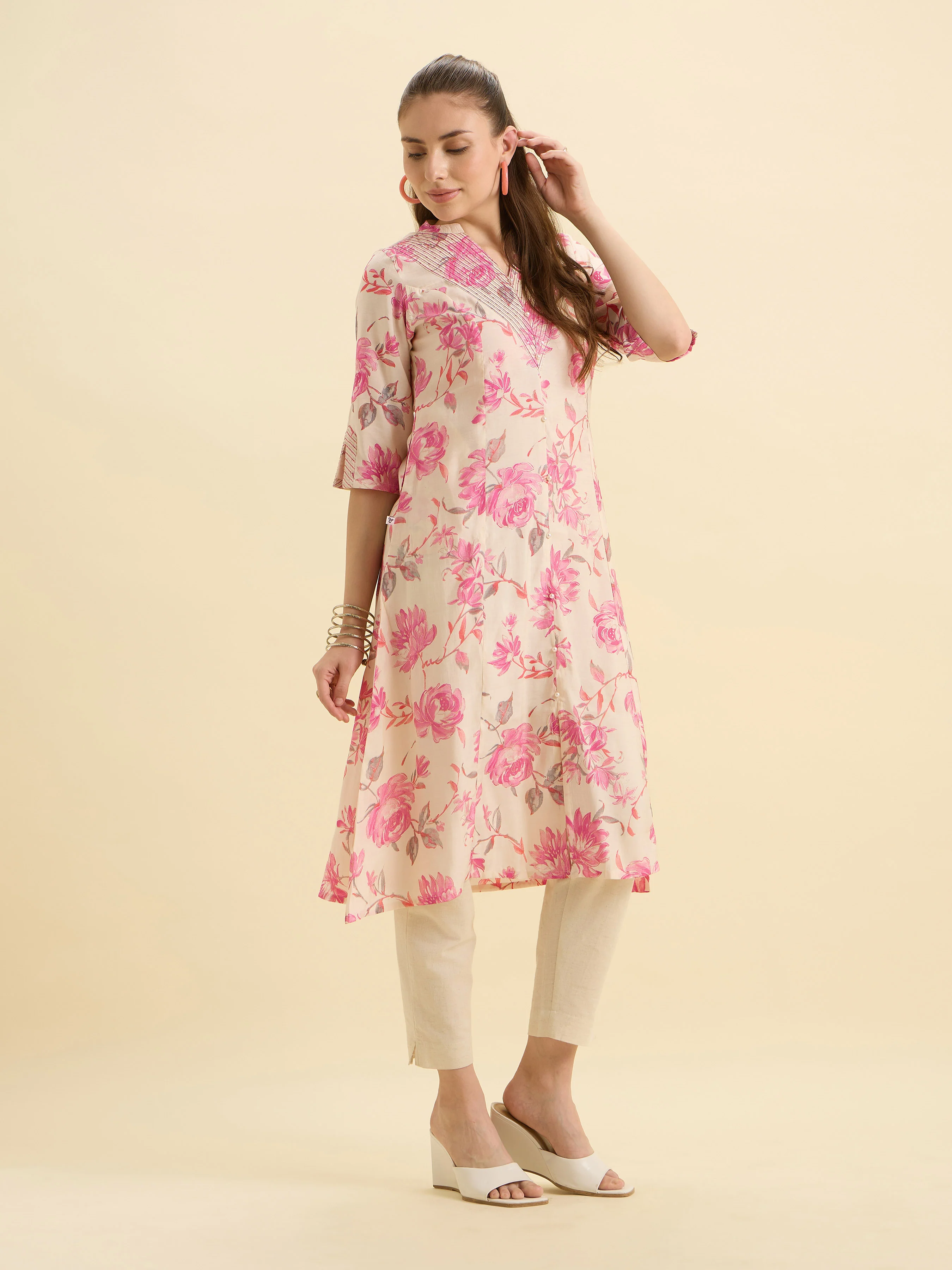 Ivory Pink Modal Chanderi Printed Flared Kurti With Sequence Embroidery - Image 6