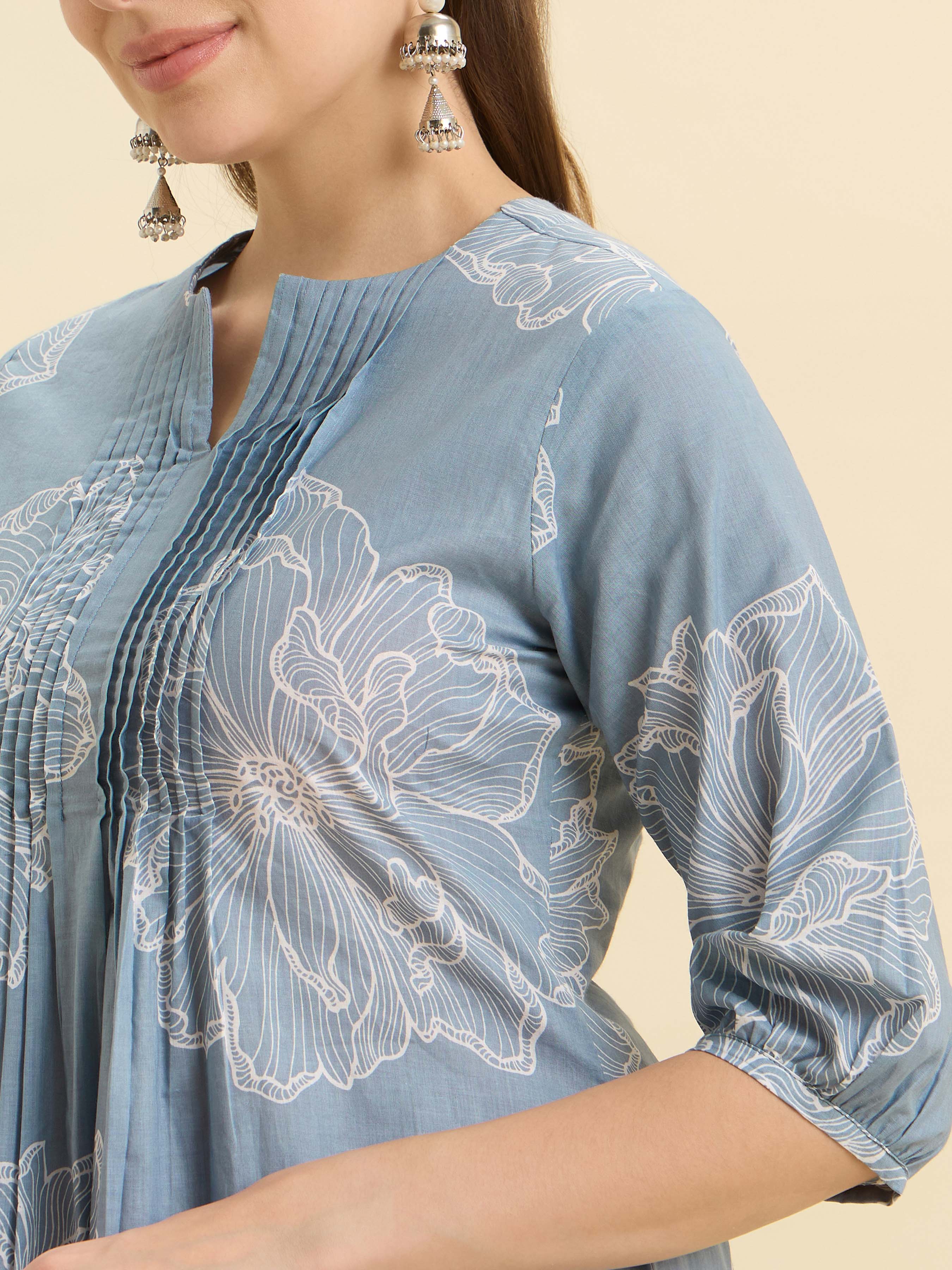 Light Blue White Colour Pure Cotton Flared Printed Kurti With Pleats - Image 2