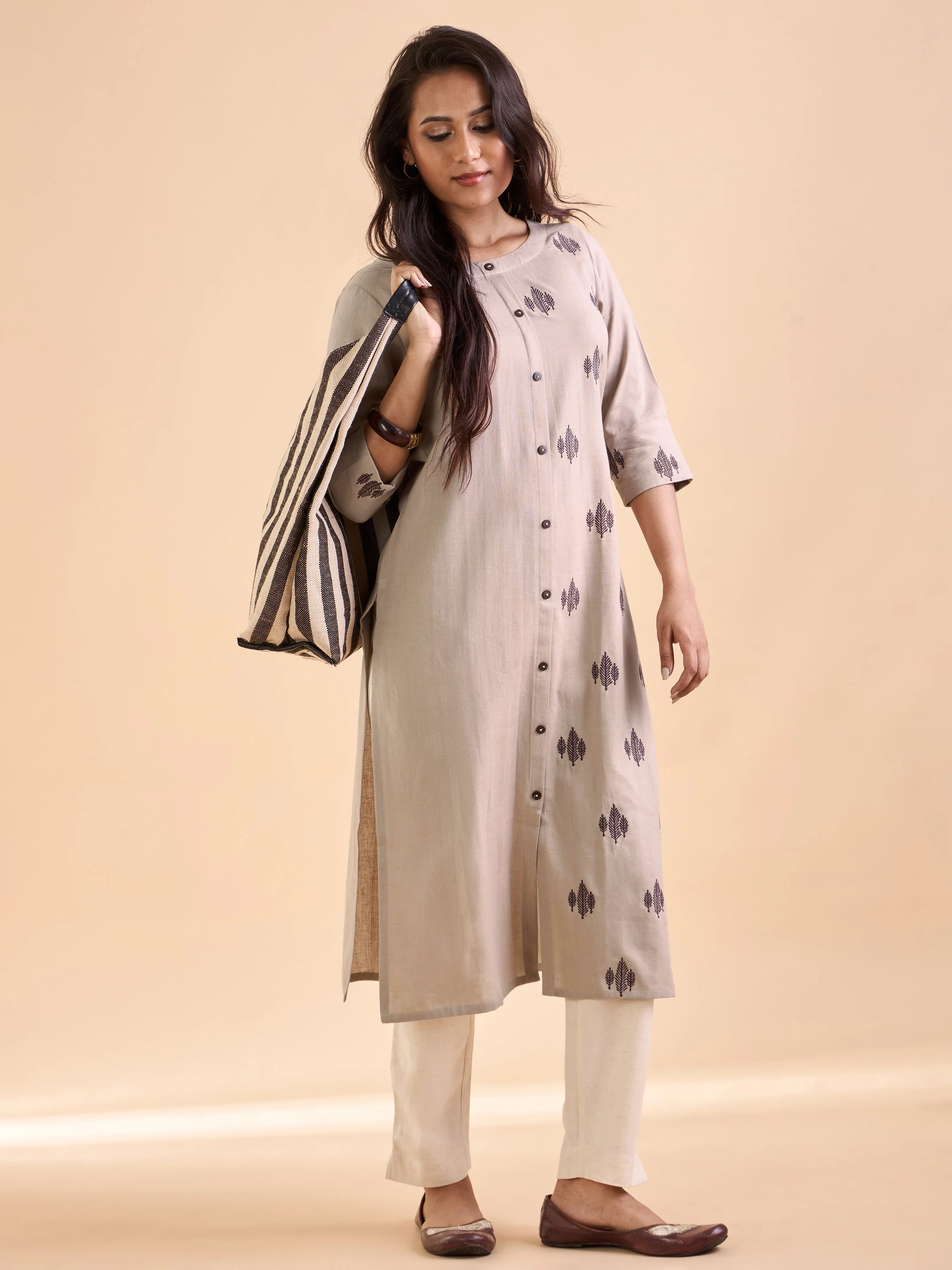 Light Brown Cotton Flax Plain Kurti With Embroidery - Image 3