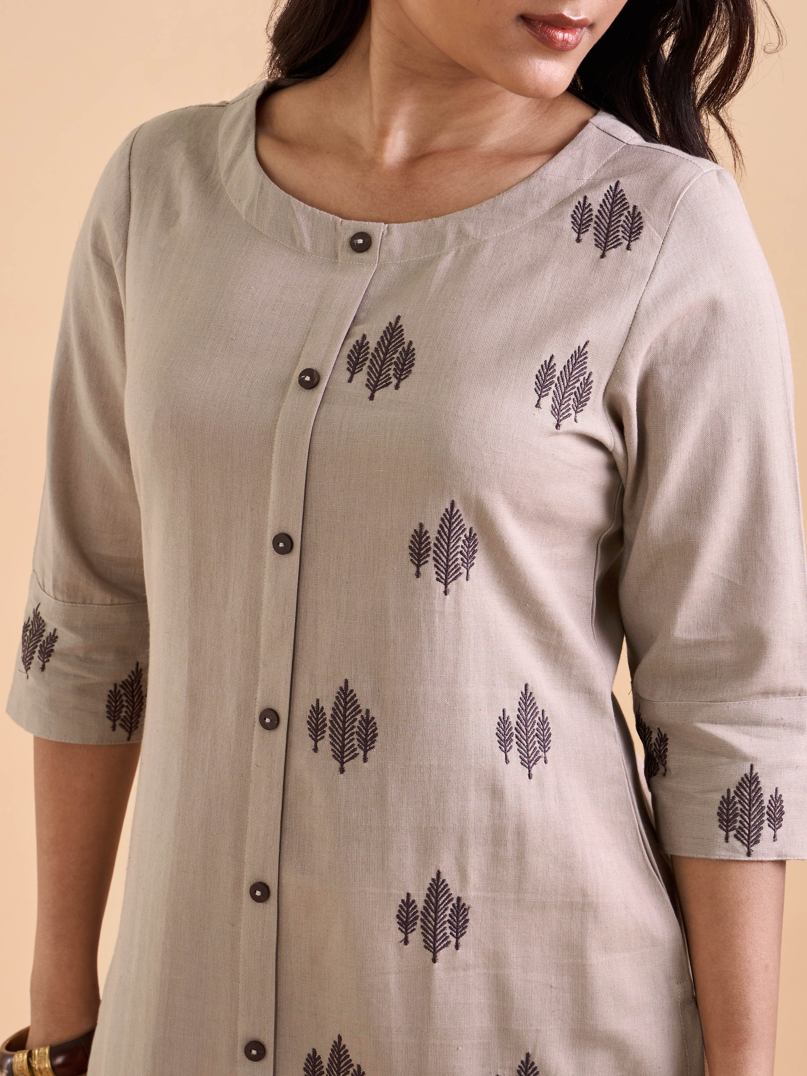 Light Brown Cotton Flax Plain Kurti With Embroidery - Image 4