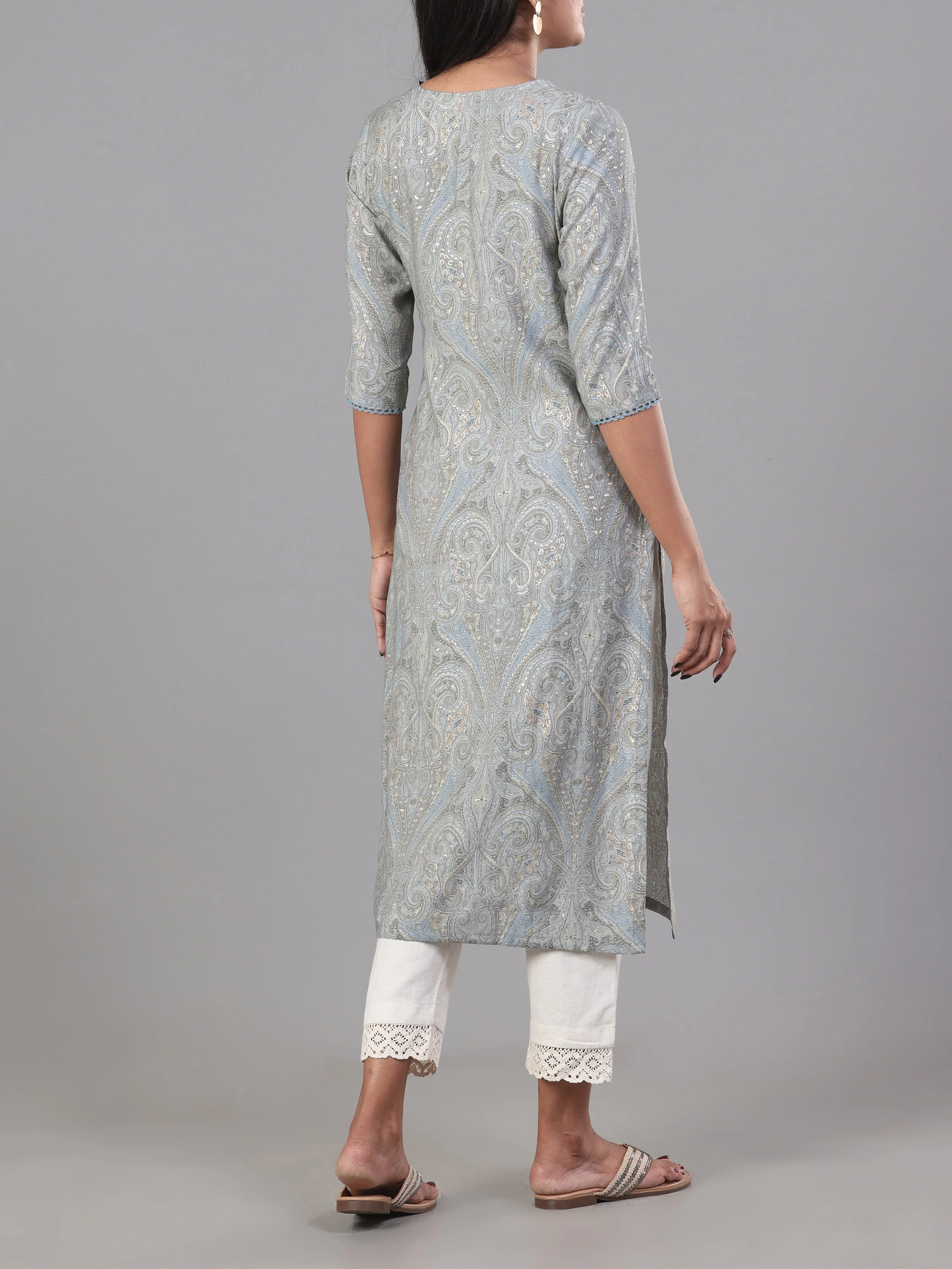 Light Grey Modal Chanderi Printed Kurti With Lace Detailing - Image 5