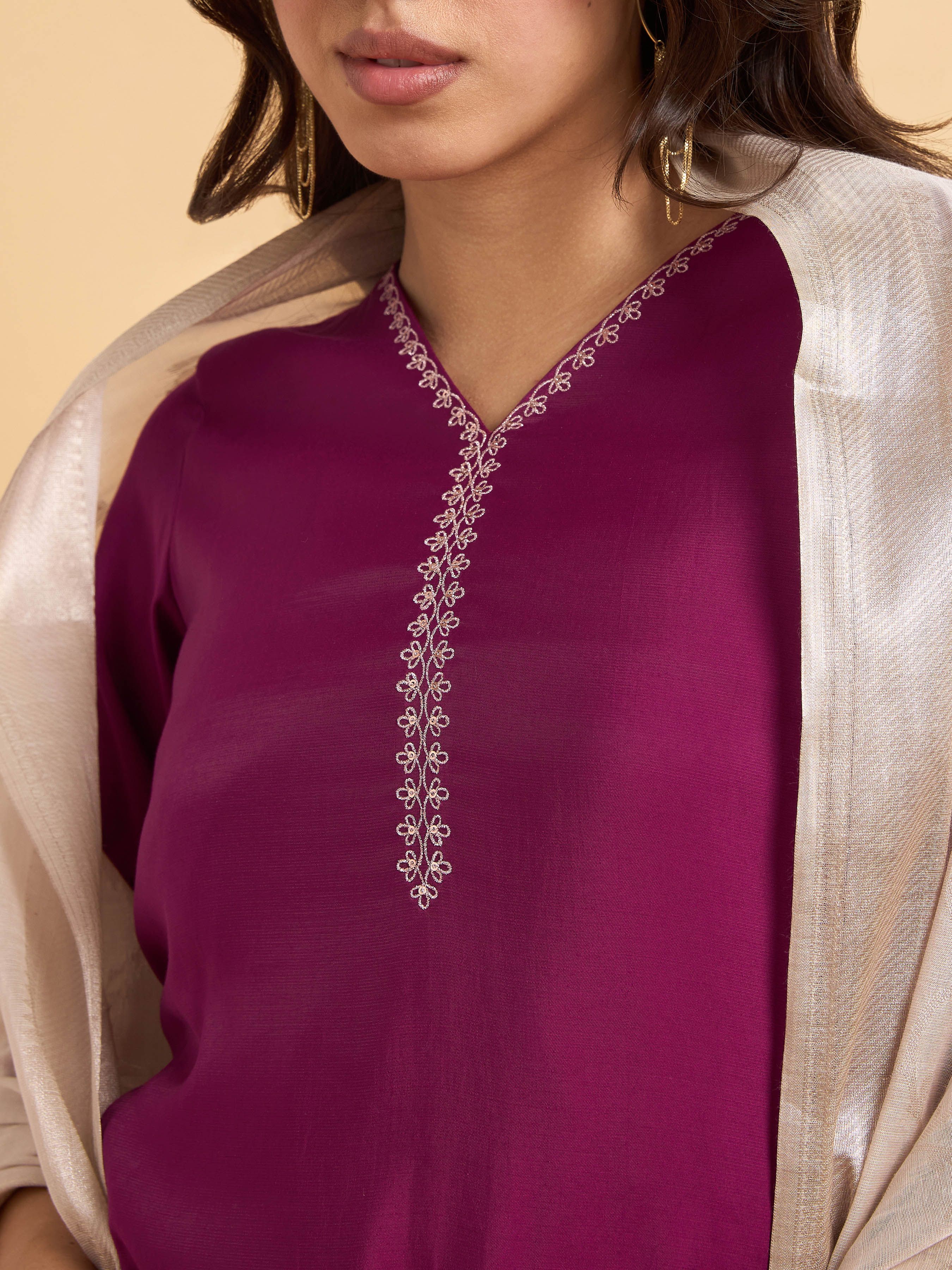 Magenta Viscose Blend Kurti Set With Dupatta And Sequence Embroidery - Image 3