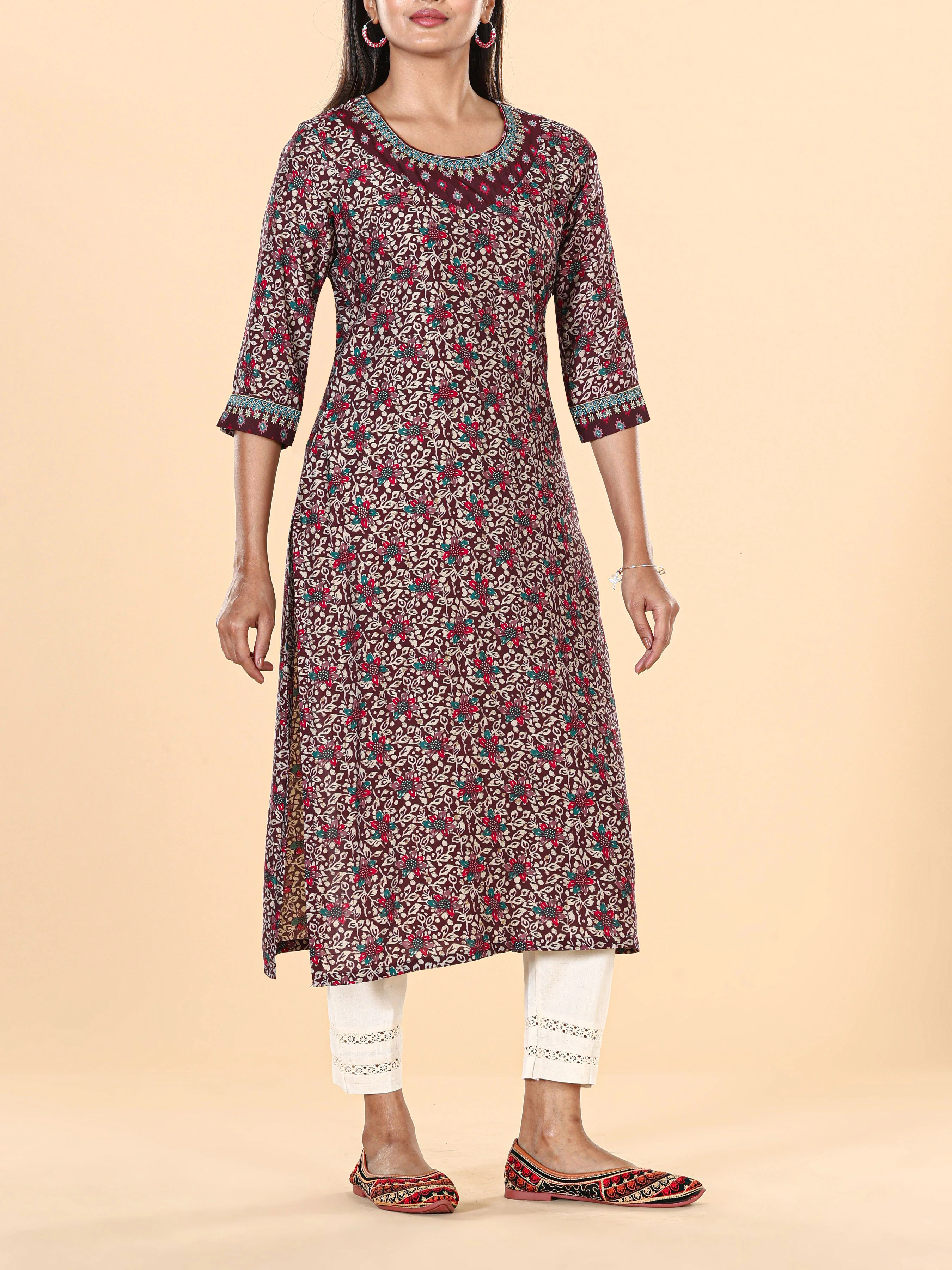 Maroon Modal Chanderi Printed Kurti With Embroidery - Image 4